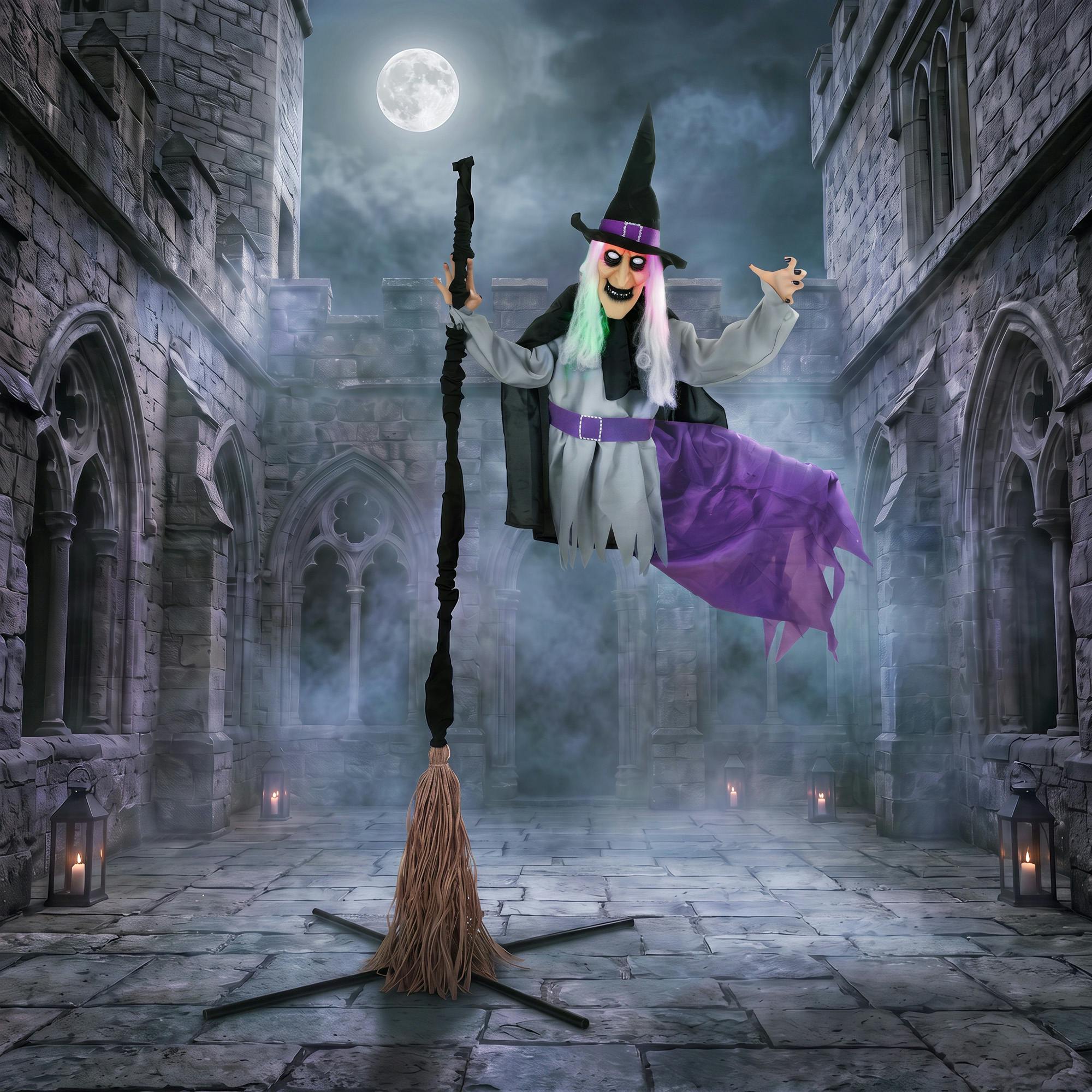 Rackhams Light/Black/Grey 200Cm Life Size Animated Witch, Scary Halloween Animatronic Decor