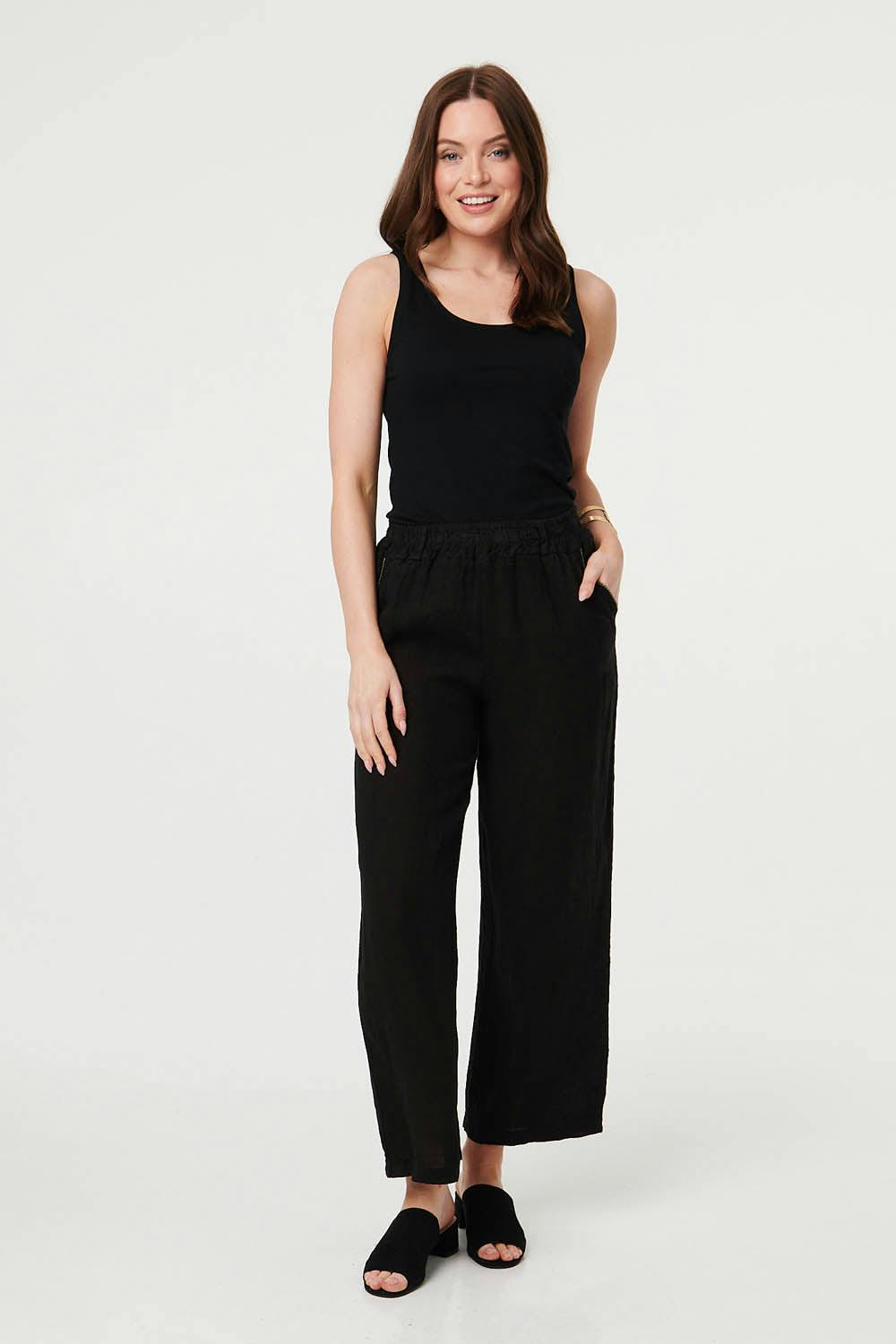 Izabel London Black High Waist Wide Ankle Length Trousers - 16