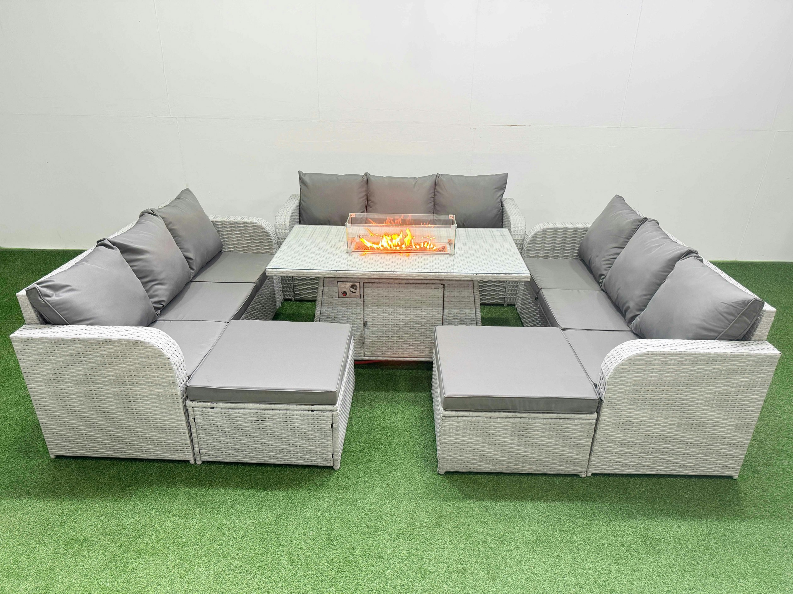 Fimous Light/Grey Pe Rattan Lounge Sofa Set 11 Seater Outdoor Garden Furniture Set With Fire Pit Dining Table 3 Seater Sofa 2 Big Footstools