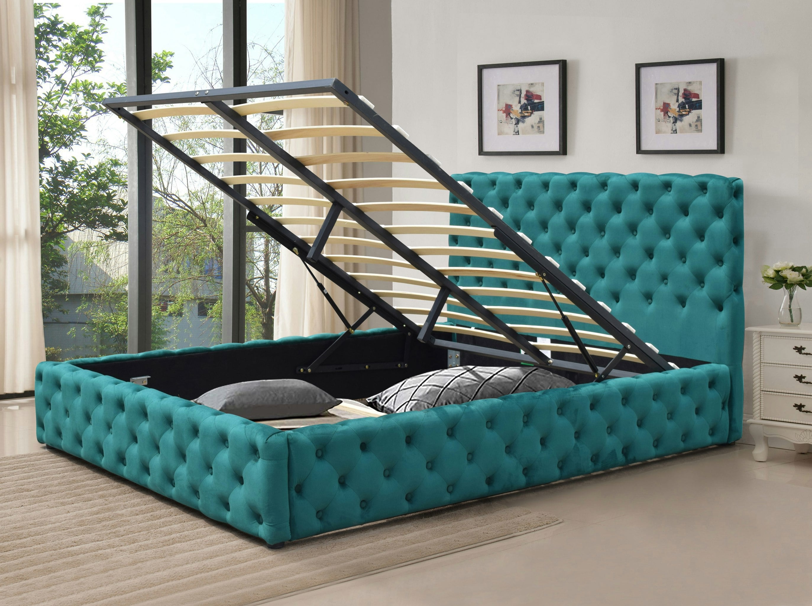 Rackhams Grey/Green Tufted Fabric Gas Lift Ottoman Bed Frame, 3Ft, 4Ft6, Or 5Ft Bedroom - Double