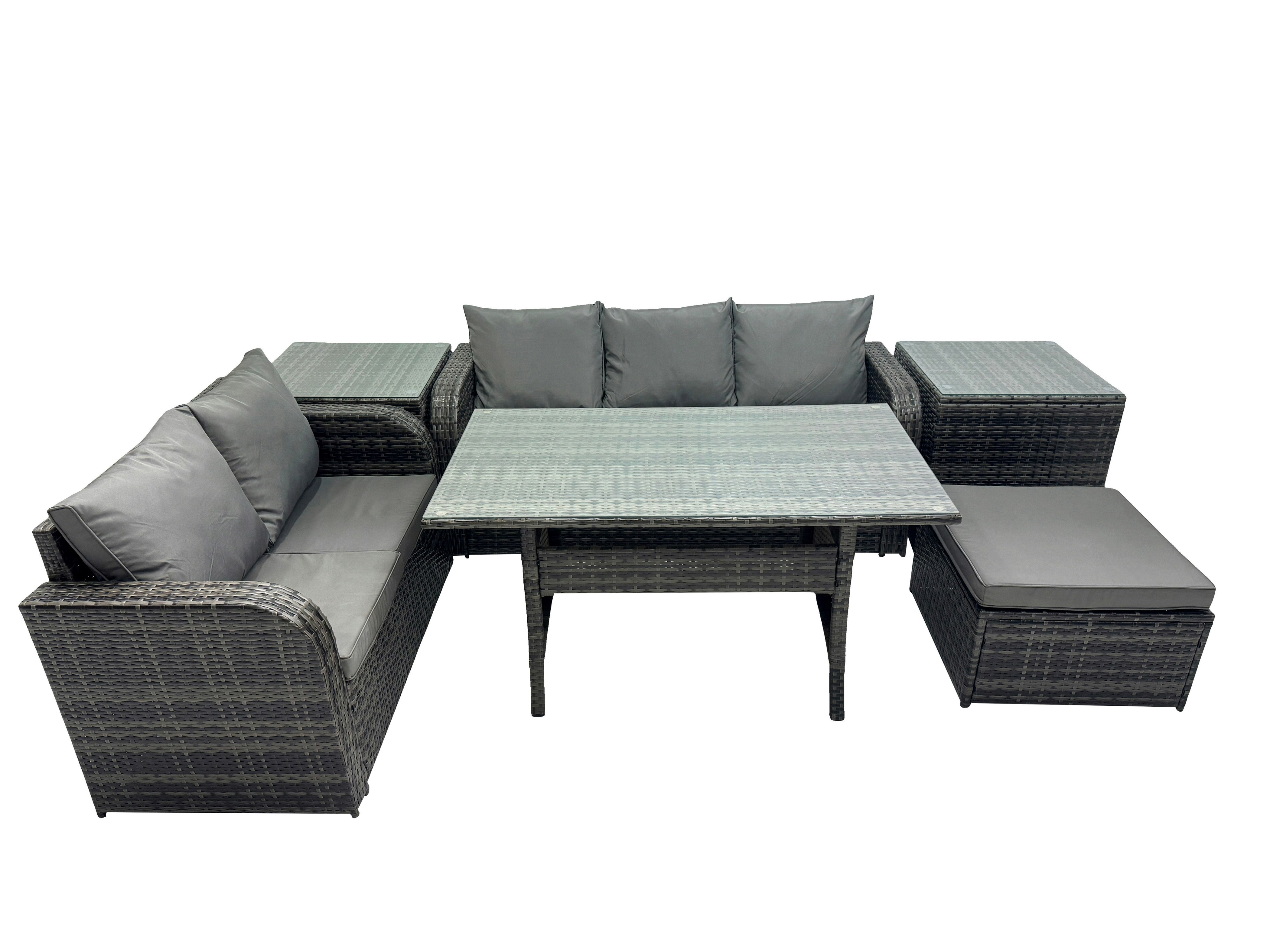 Fimous Dark/Grey 6 Seat Outdoor Wicker Pe Rattan Garden Furniture Set Dining Table Sofa Sets With Big Stool 2 Side Tables Mixed
