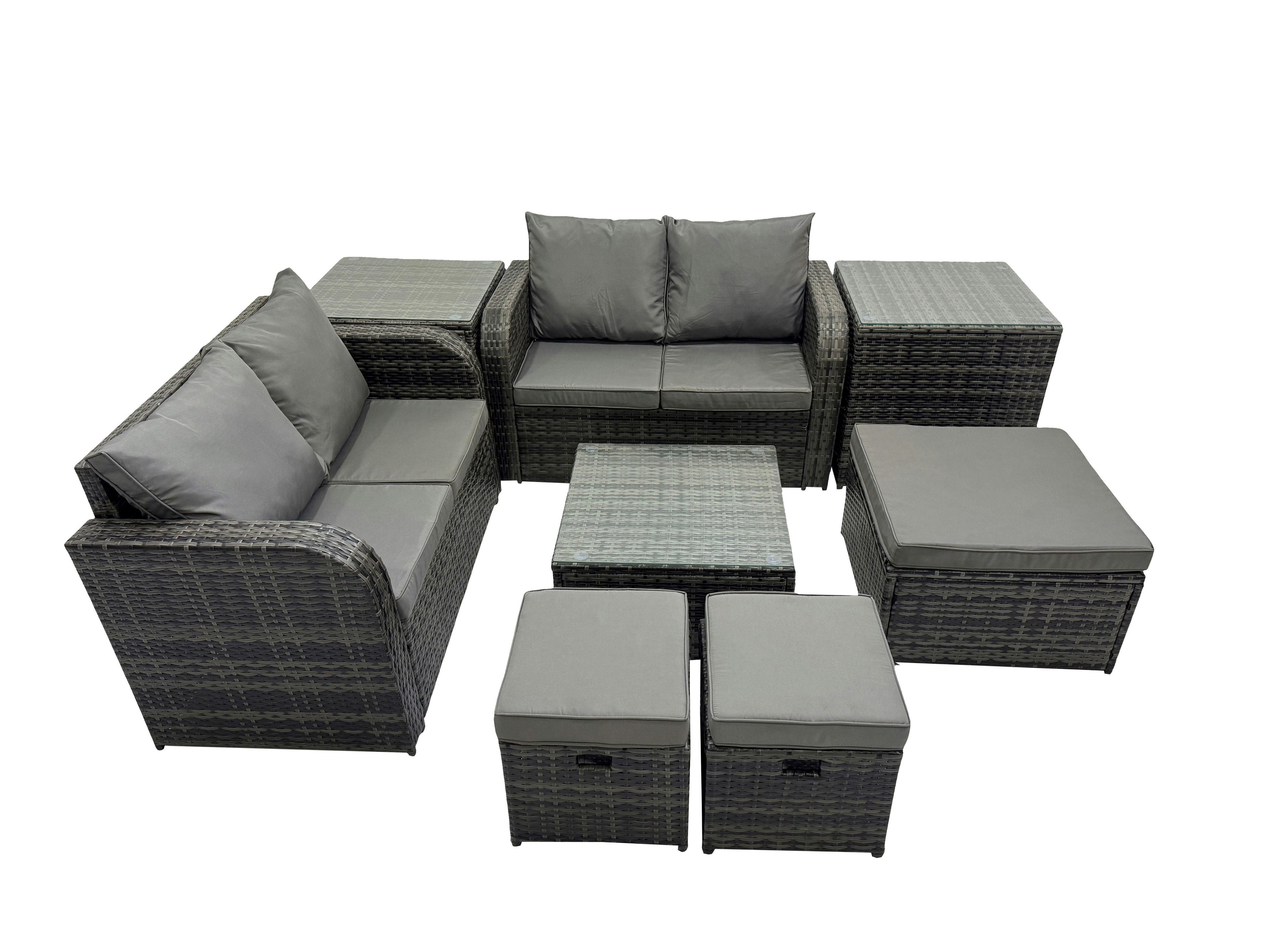 Rackhams Dark/Grey Rattan Garden Outdoor Furniture Set Love Sofa Square Coffee Table Set With 2 Side Tables 3 Stools Mixed