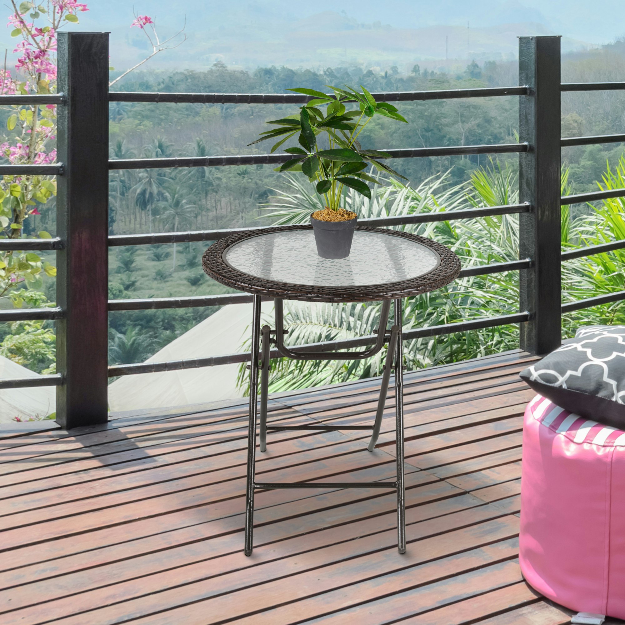 Outsunny Brown Folding Round Tempered Glass Metal Table With Rattan Edging