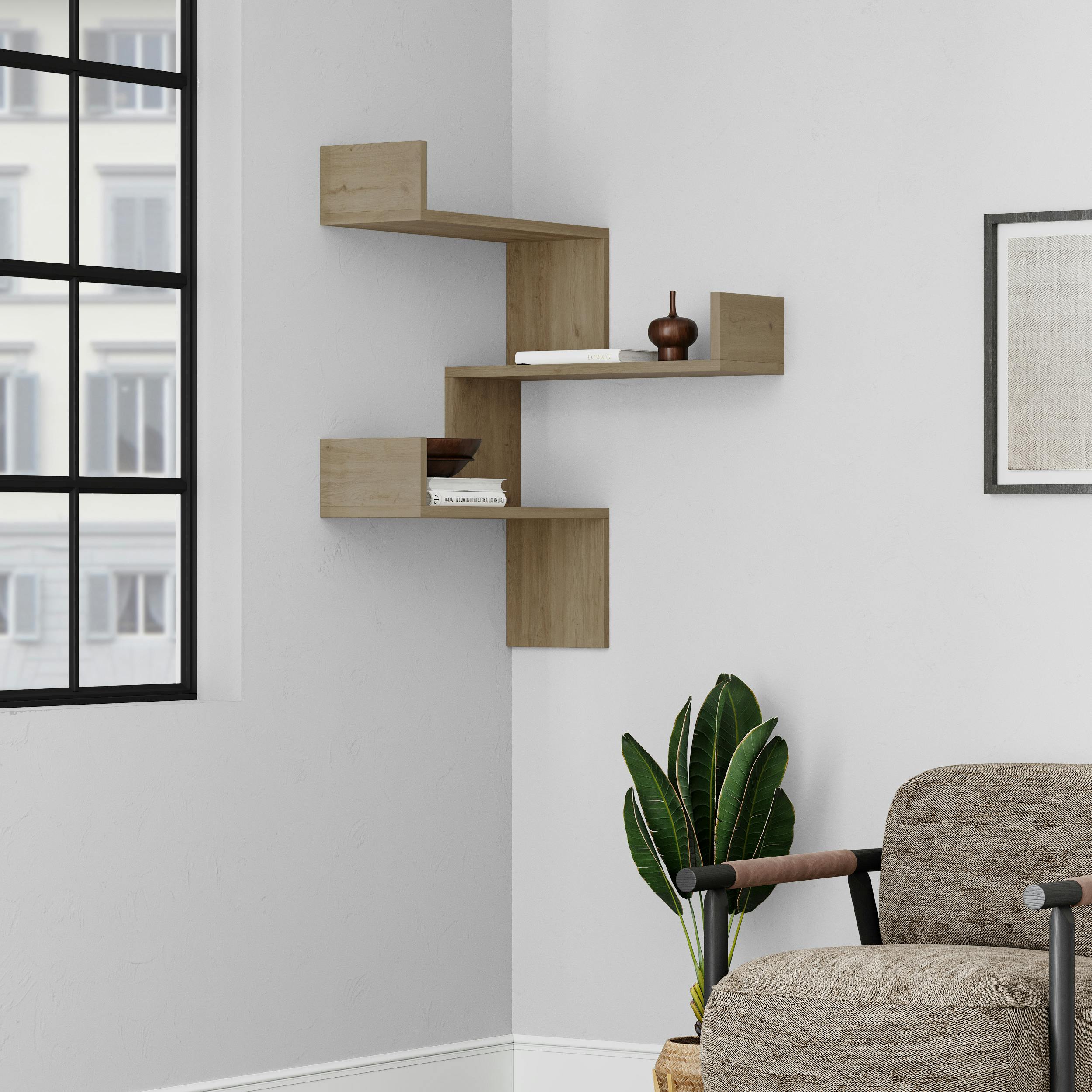 Decortie Luksa Modern Wall Shelf Bookcase Wall Mounted Corner Zigzag Design 60Cm - Natural Oak