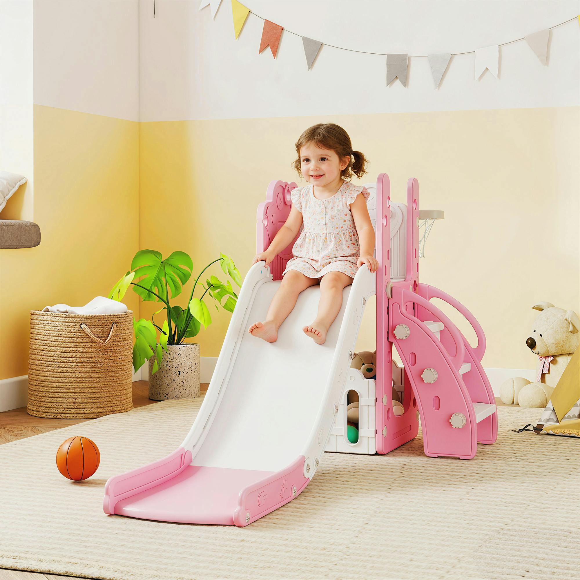Aiyaplay Pink 5 In 1 Toddler Slide Set With Basketball Hoop For Age 1-3, - 1 - 178L X 70W X 86H Cm