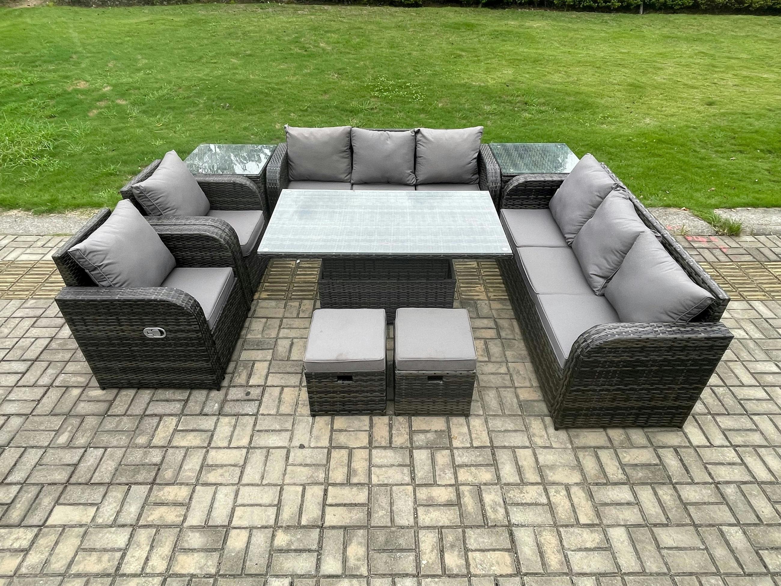 Fimous Dark/Grey 8 Seater Rattan Garden Furniture Set, Adjustable Height Dining Table, 2 Chairs, 2 Sofas, 2 Side Tables, 2 Footstools - Mixed