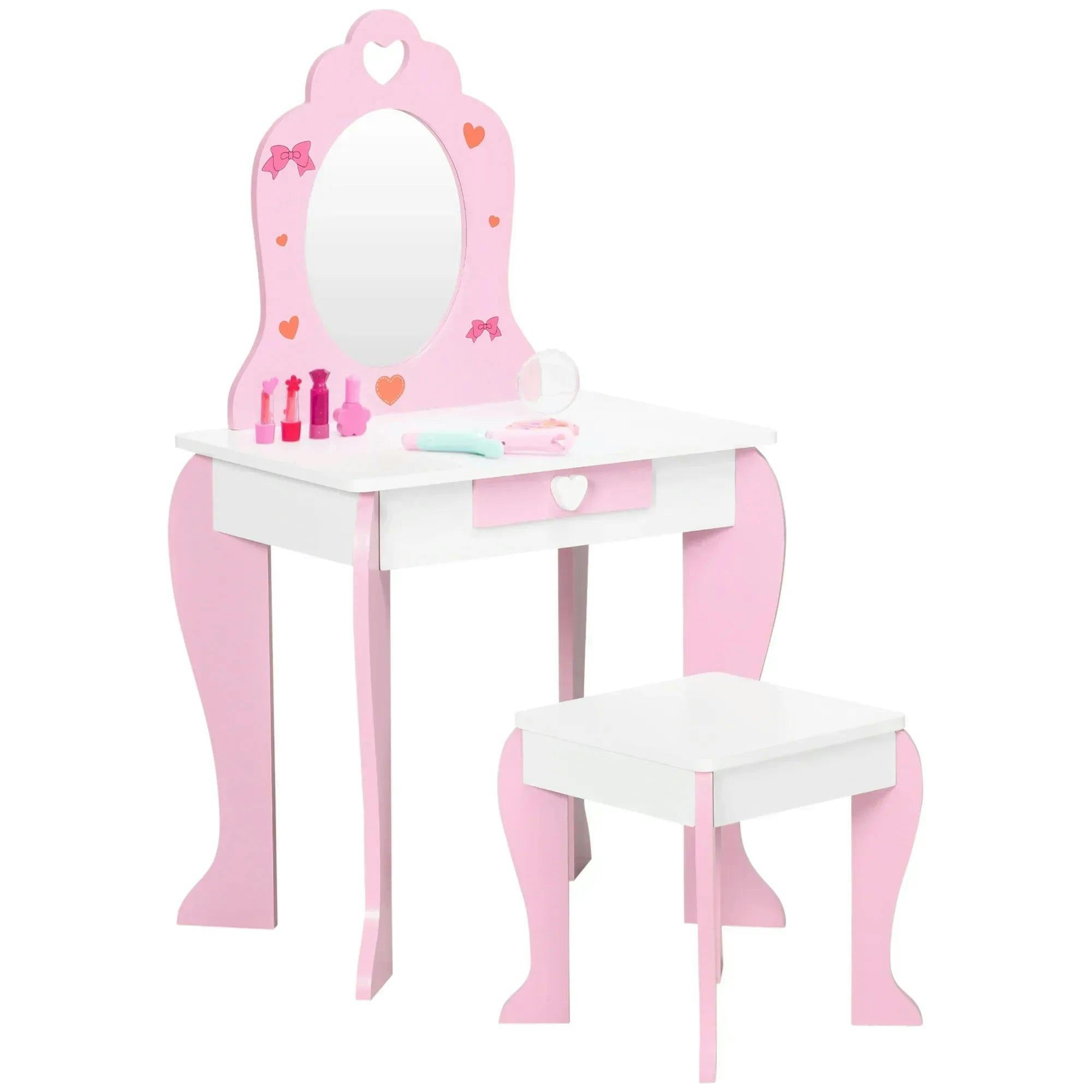 Zonekiz Unisex Pink Kids Dressing Table With Mirror, Stool, Drawer, Cute Patterns Large - Image 6