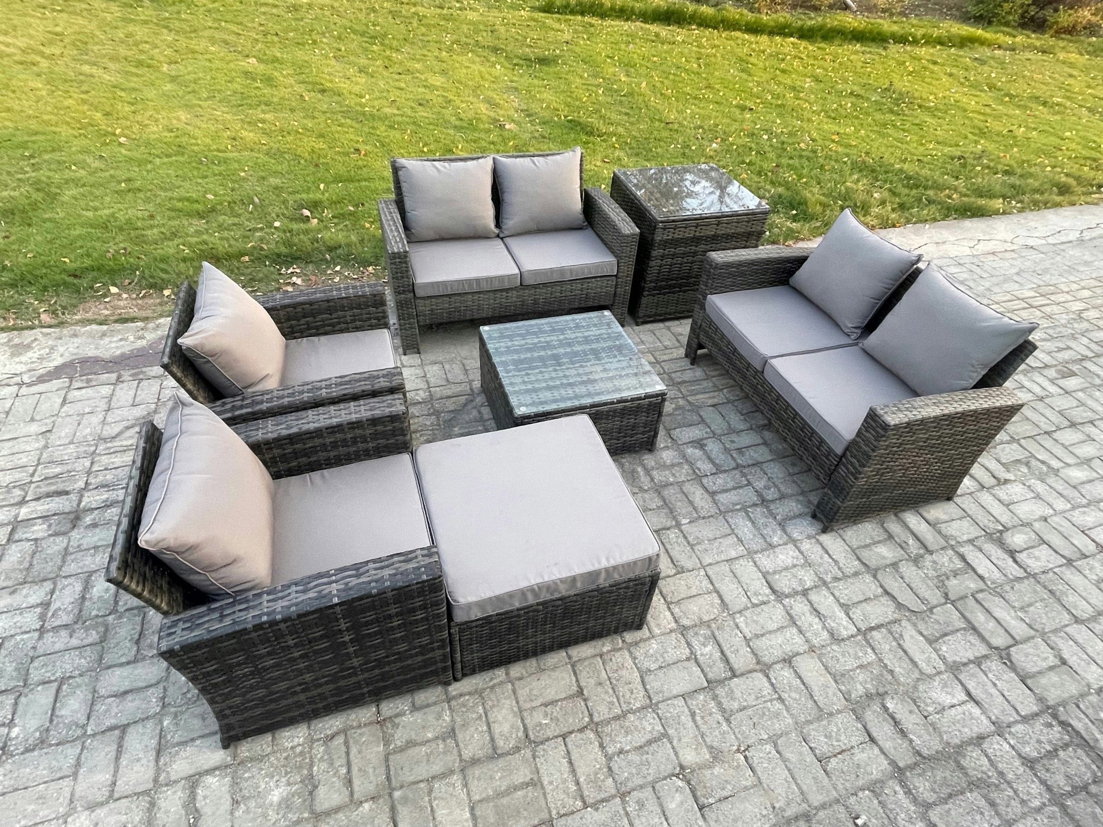 Rackhams Dark/Grey 7-Seater Rattan Garden Lounge Sofa Set - Mixed Patio Outdoor Furniture With Square Coffee Table & Double Seat Sofa