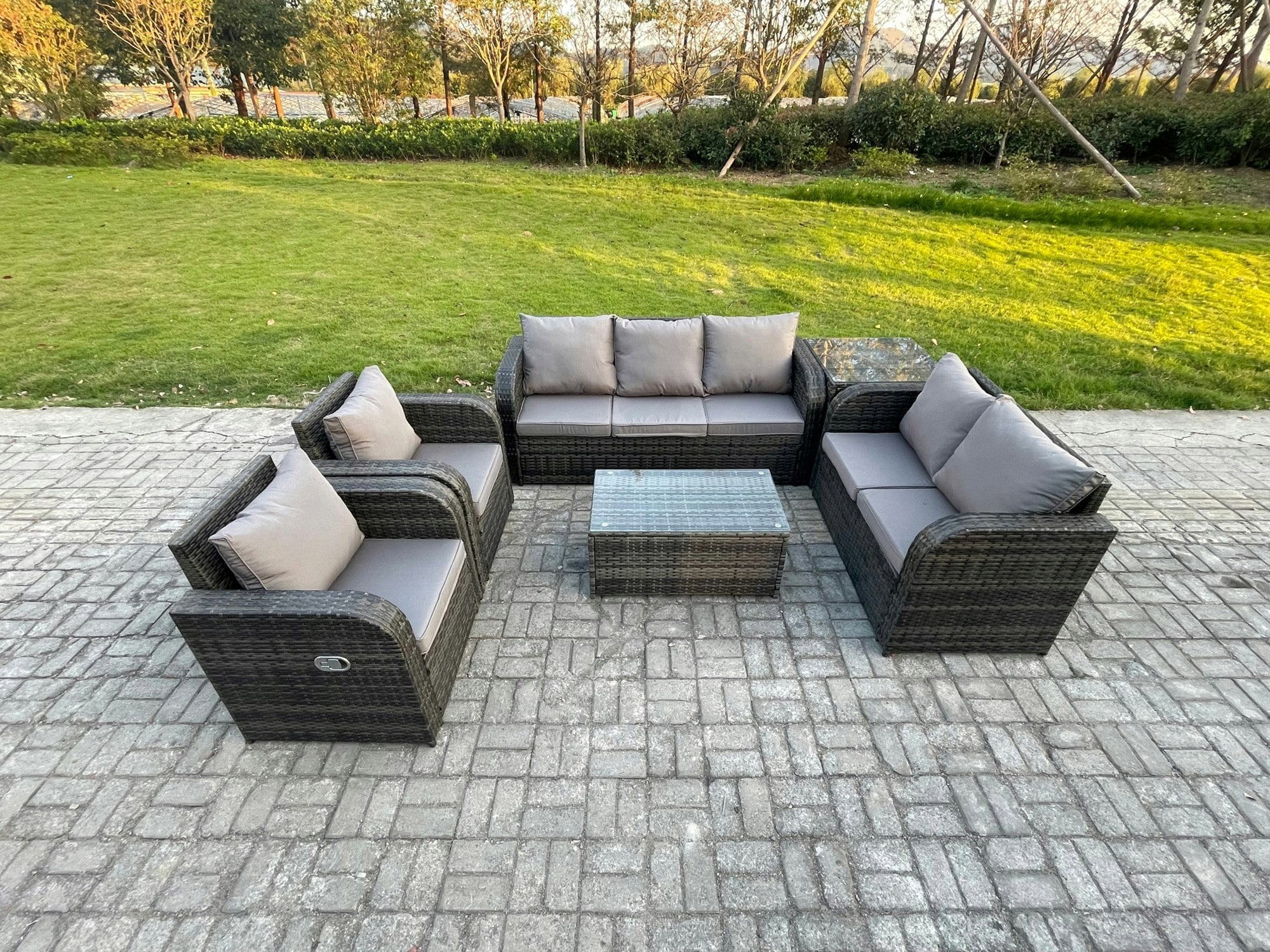 Fimous Dark/Grey 7 Seater Rattan Wicker Garden Furniture Patio Conservatory Sofa Set With Rectangular Coffee Table 3 Seater Sofa Love Sofa Side Table