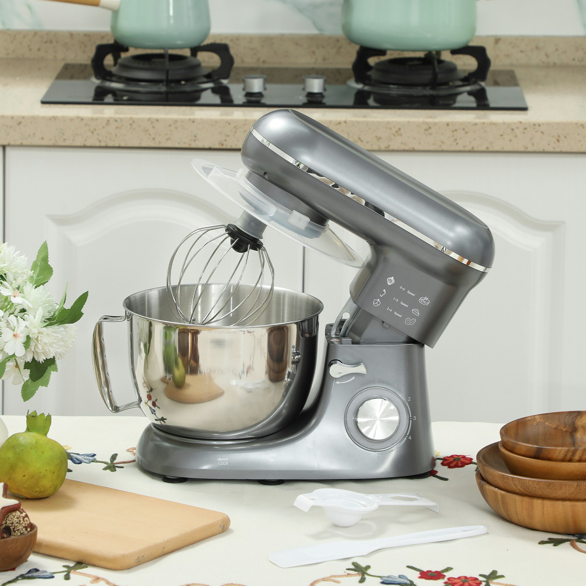 Homcom Silver Electric Stand Mixer, 4.5L Food Mixer With Dough Hook, Whisk,