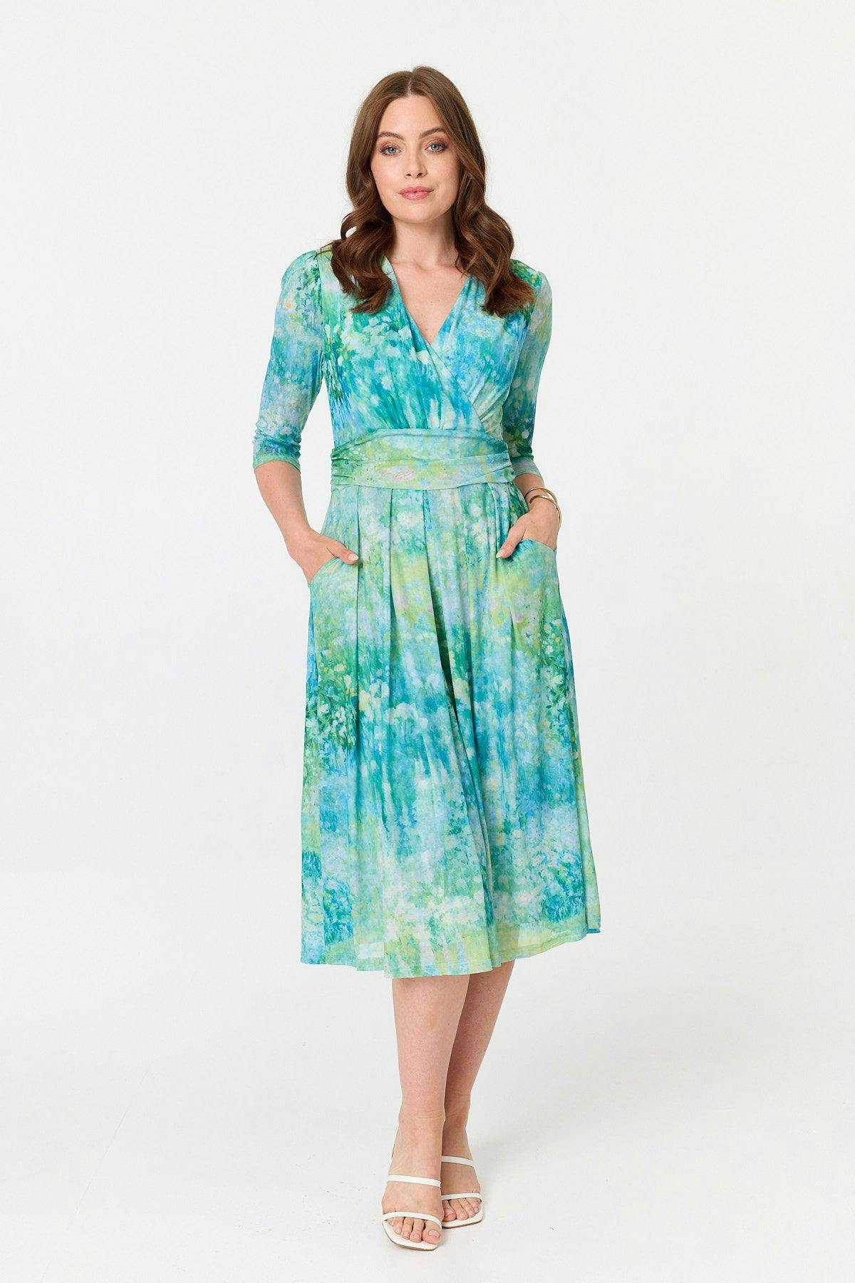 Izabel London Green Printed 3/4 Sleeve Wrap Front Midi Dress - 14