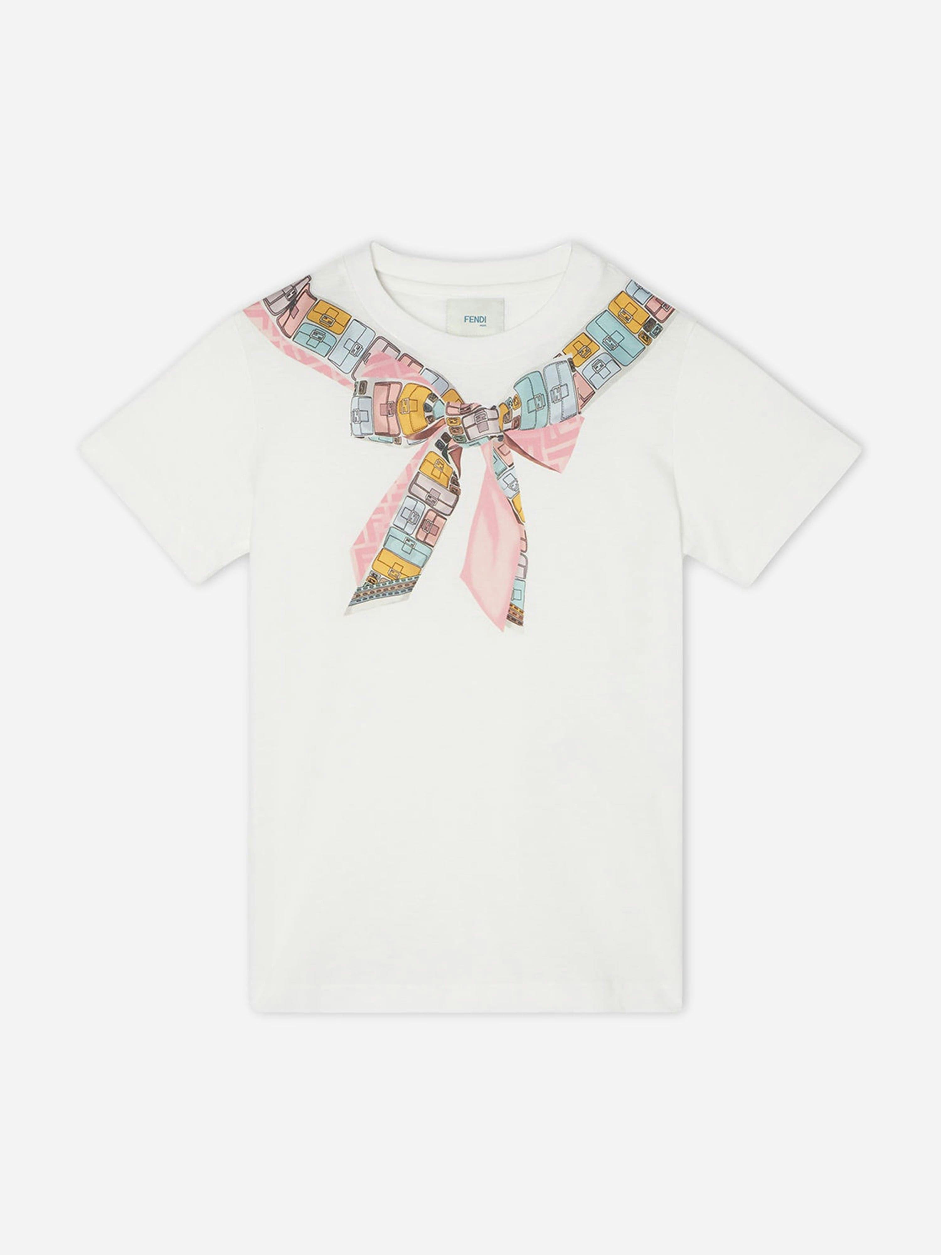 Fendi Kids Girls White Fendi Trompe L'oeil Bow Print T-Shirt In - 10 Yrs