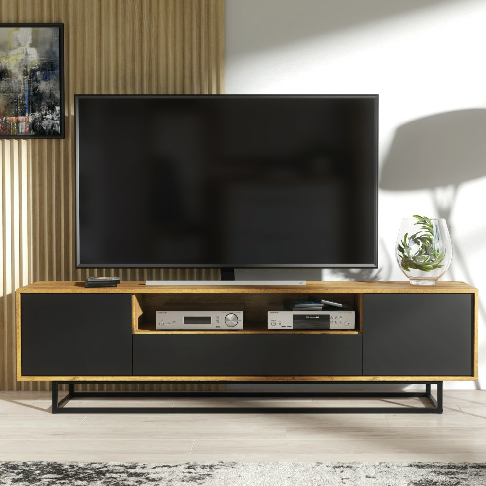 Rackhams Black Refined 200Cm Loft Retro Industrial Tv Unit Vintage Oak Cabinet - 200Cm - Mdf/Chipboard - Oak Matt Body & Matt Doors