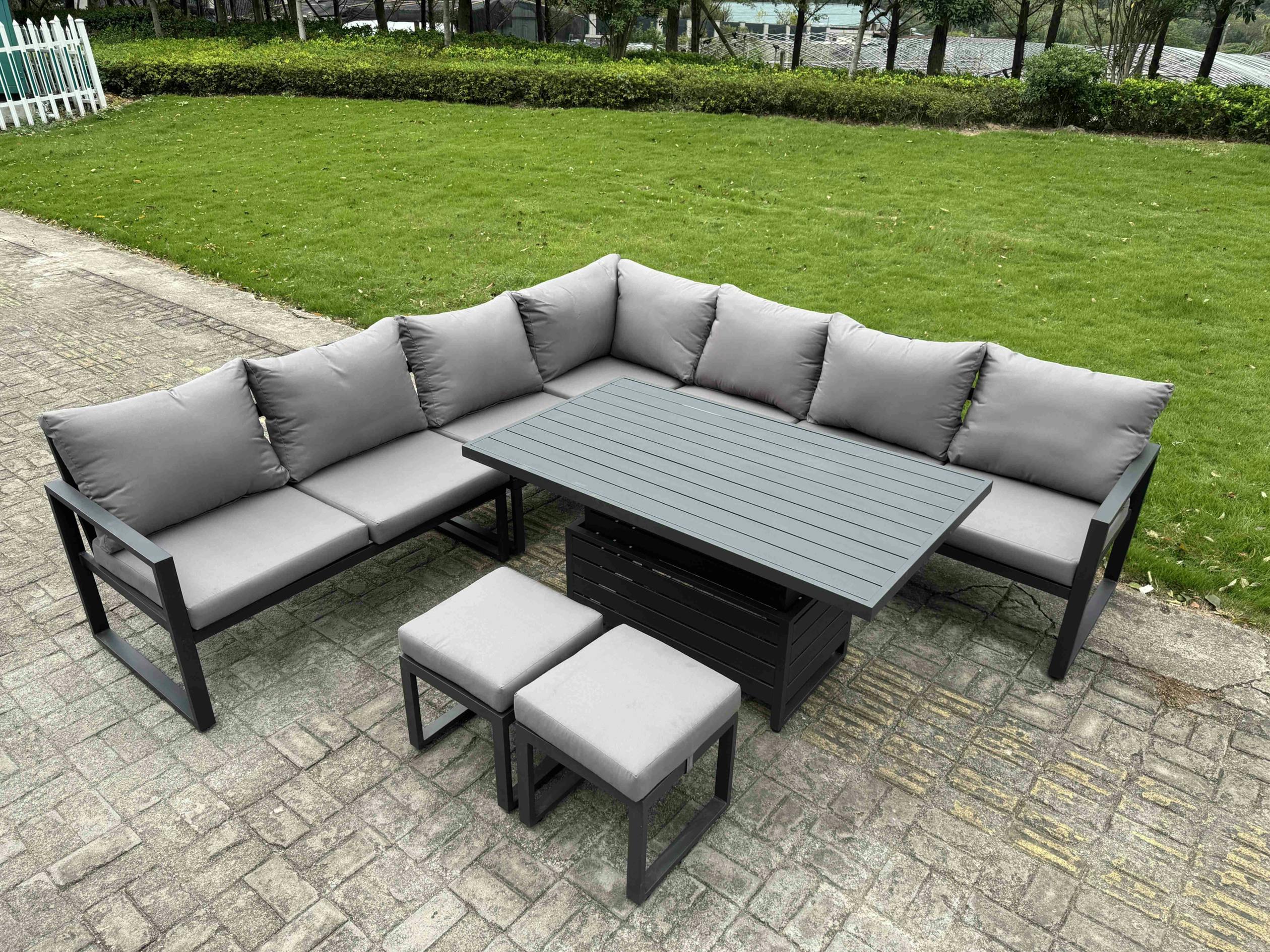 Rackhams Dark/Grey 9 Seater Aluminium Garden Furniture Set With Adjustable Rising Dining Table 2 Footstools