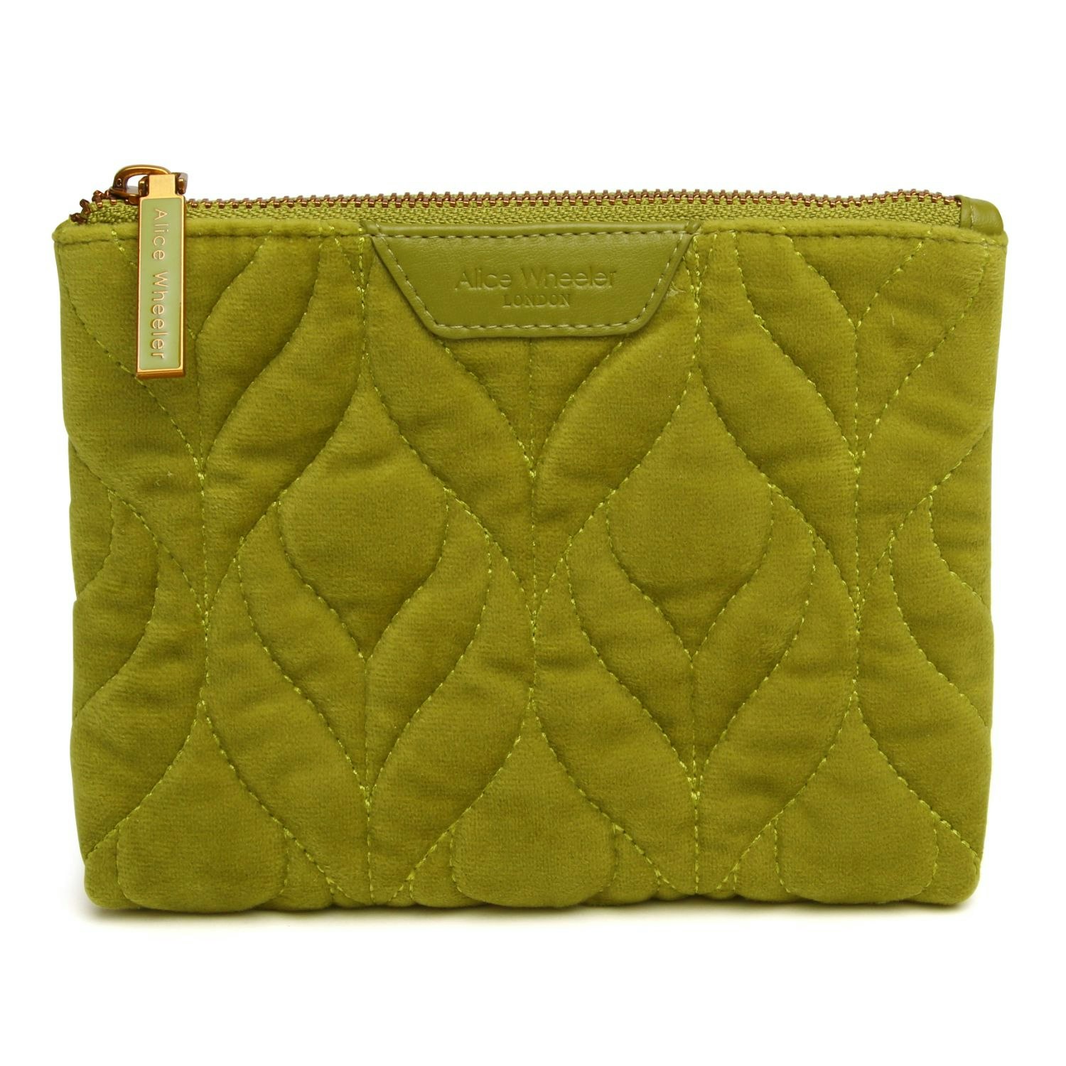 Alice Wheeler Velvet Quilted Makeup Pouch – Compact Cosmetic Bag - Lime