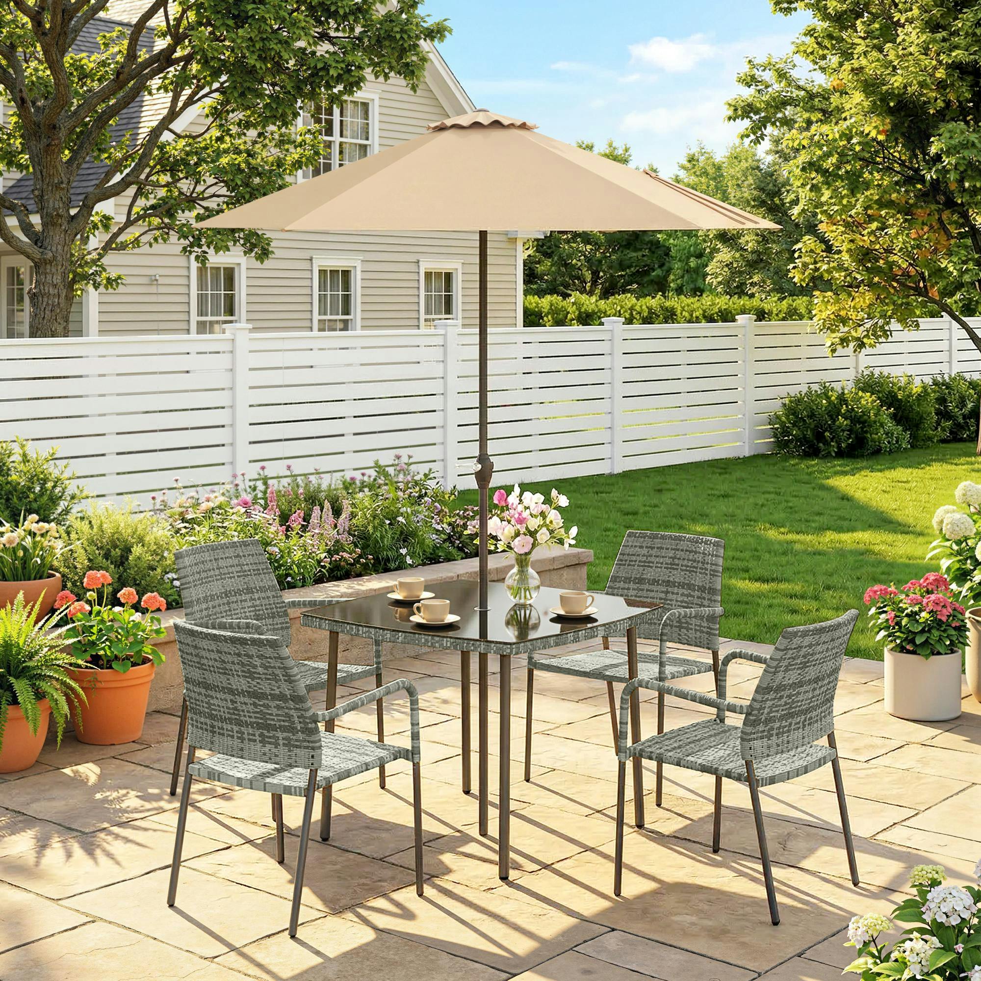 Outsunny Light/Grey 4 Seater Rattan Dining Set With Parasol - Table, 4 Chairs And Umbrella