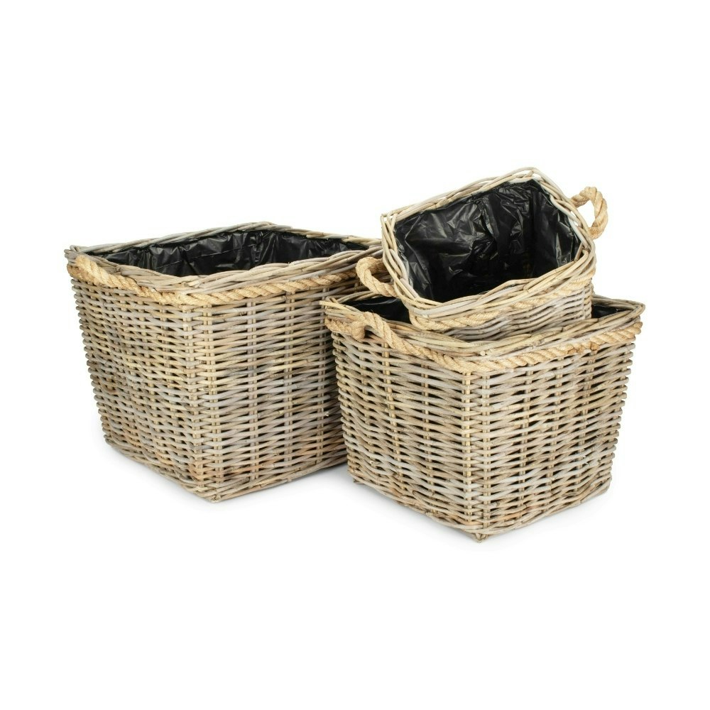 Red Hamper Square Tape Rope Handled Rattan Planter With Plastic Lining - Set Of 3