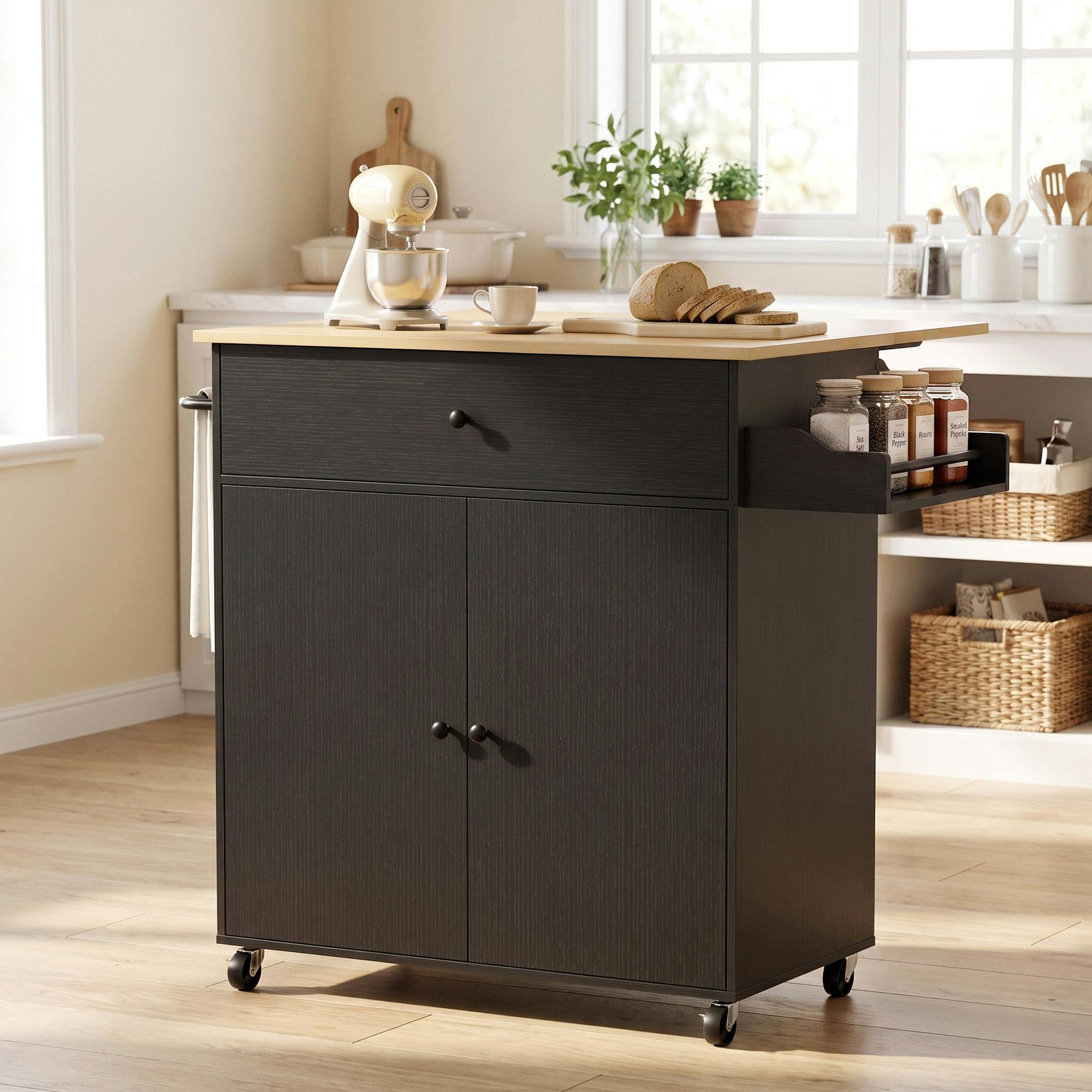 Homcom Black Kitchen Island With Drop Leaf, Rolling Kitchen Storage Trolley,