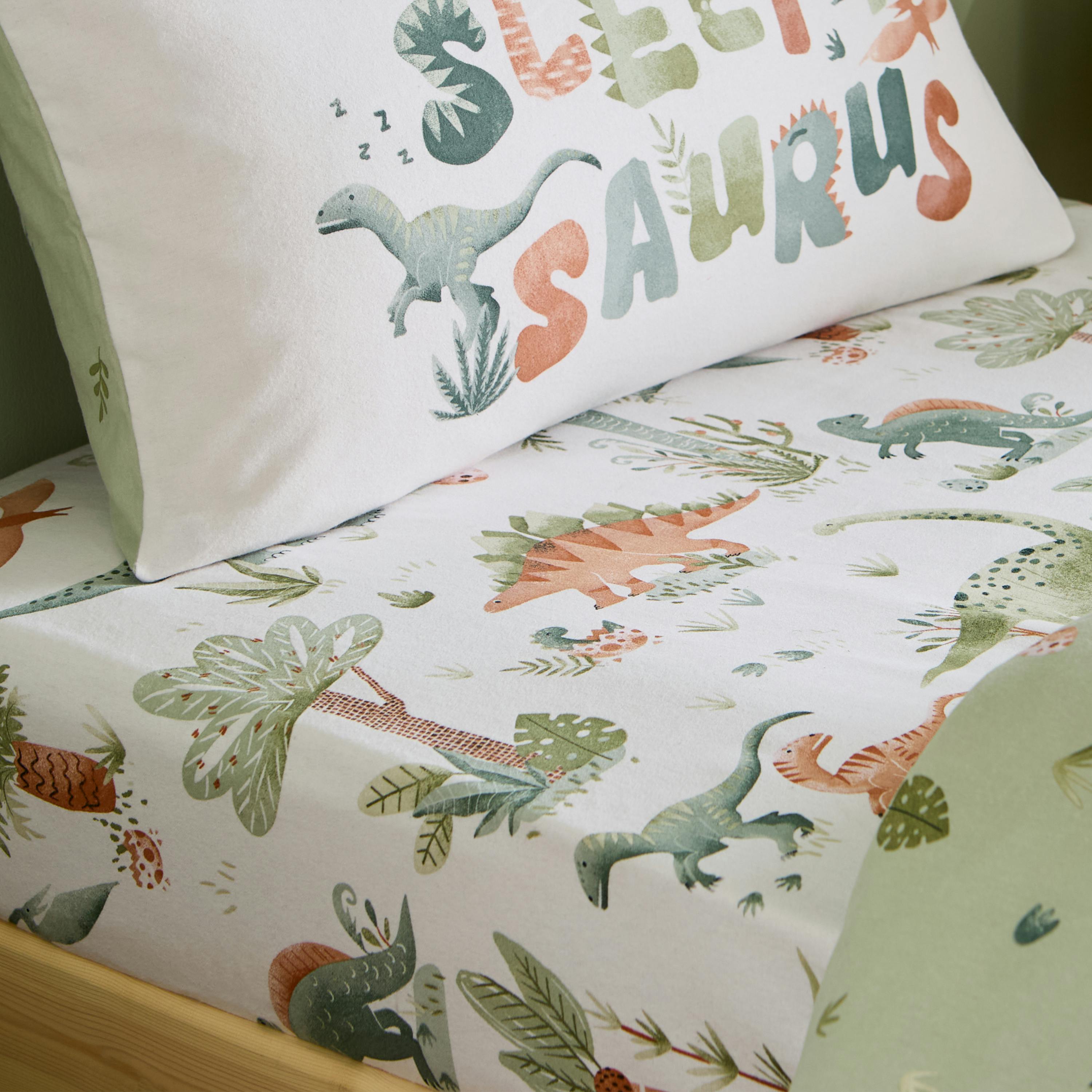 Catherine Lansfield Cream Brushed Sleepy Saurus Dino Cotton Fitted Sheet - Single