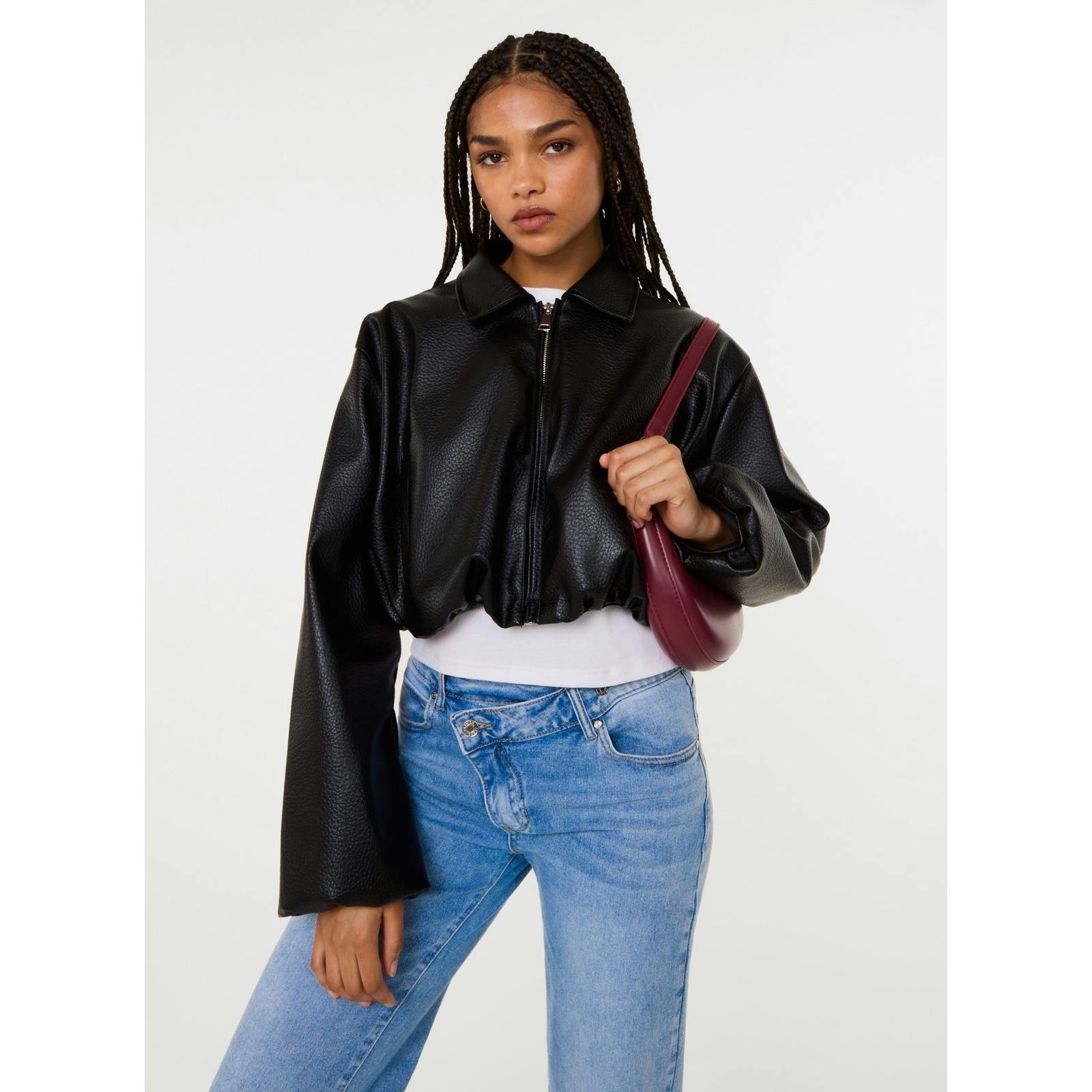 Pink Vanilla Pink/Black Vanilla Faux Leather Puffball Jacket - M-L