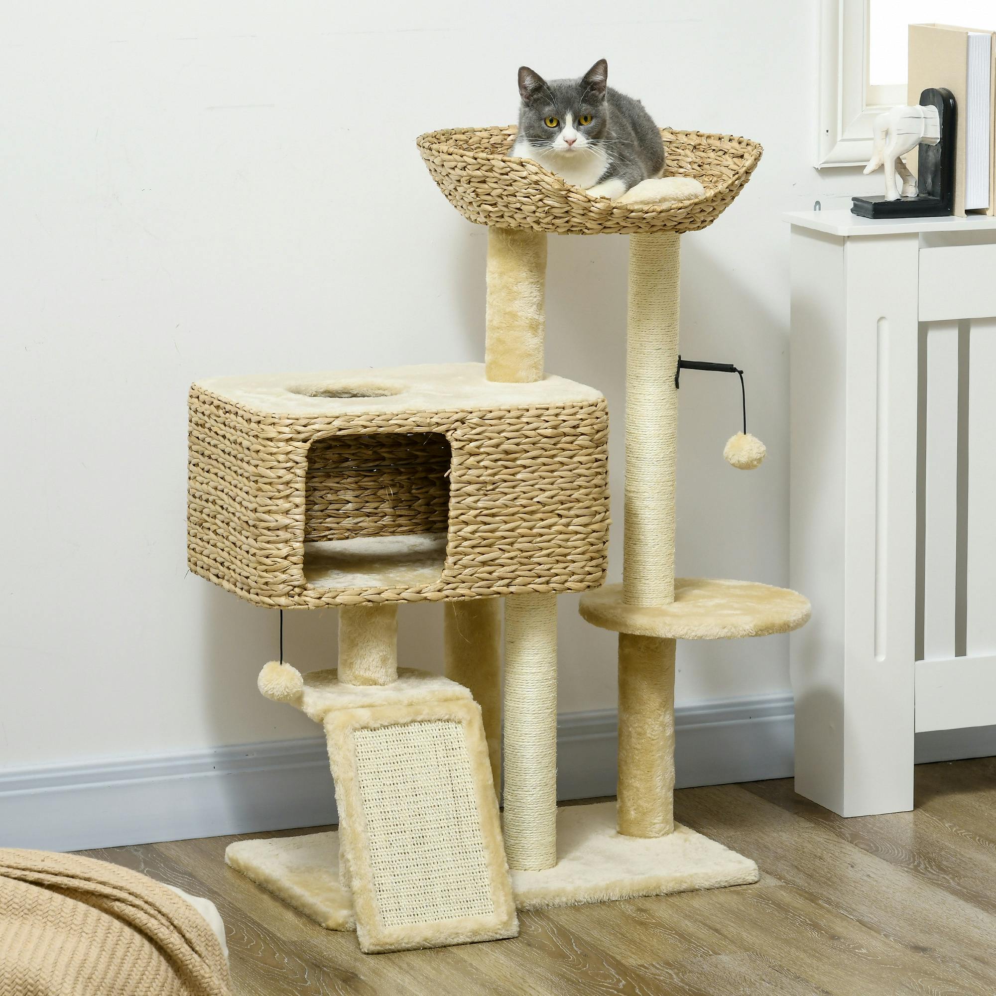 Pawhut Beige Multi-Level Cat Tree With Scratching Post Condo Bed Ramp, 95Cm, - Cat Tree - Particle Board, Plush, Sisal Rope, Pp Cotton, Bushels - 60Cm X 40Cm X 95Cm