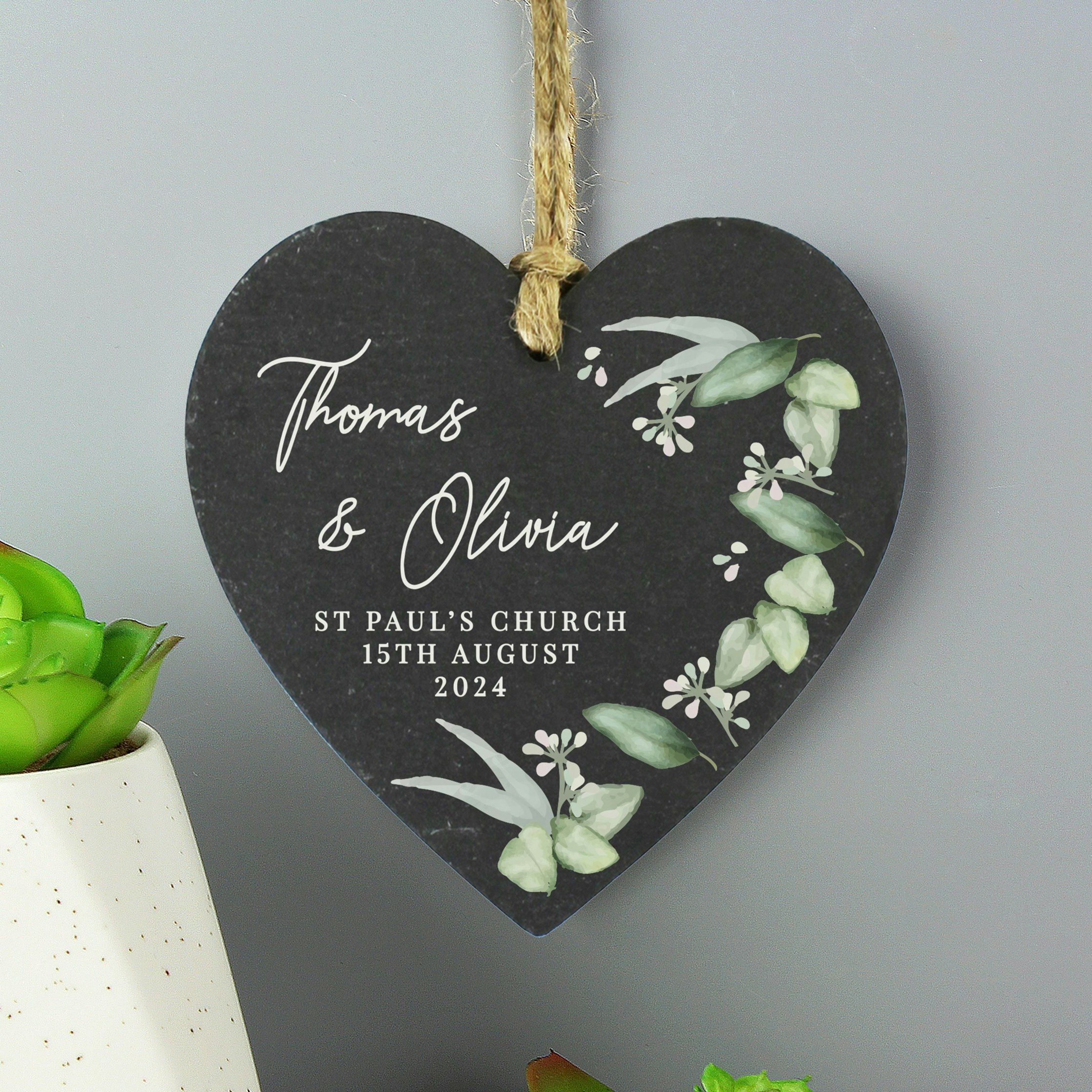Rackhams Gold Personalised Botanical Slate Heart Decoration