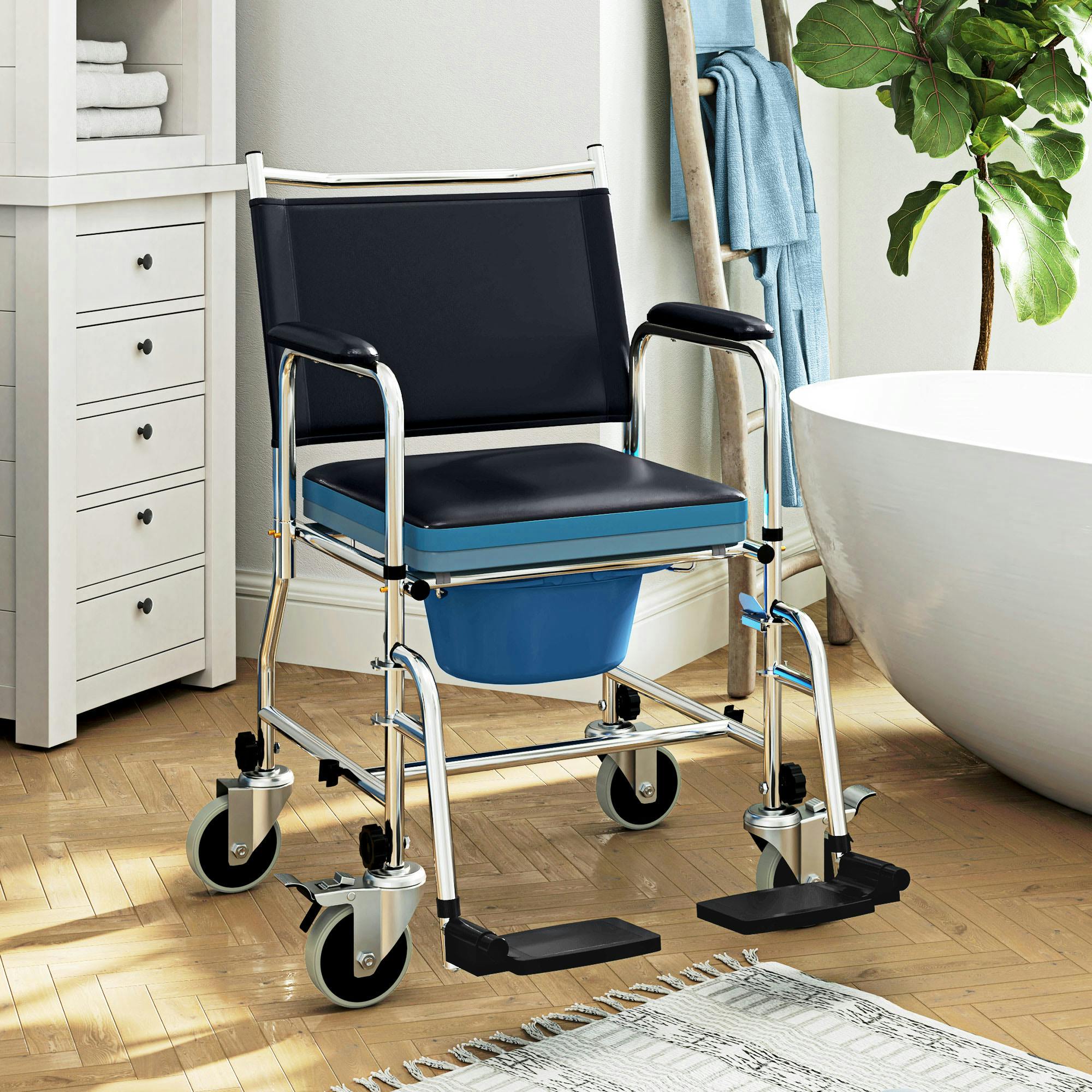 Homcom Black Rolling Shower Chair With Wheels, Bedside Commode Wheelchair For Seniors
