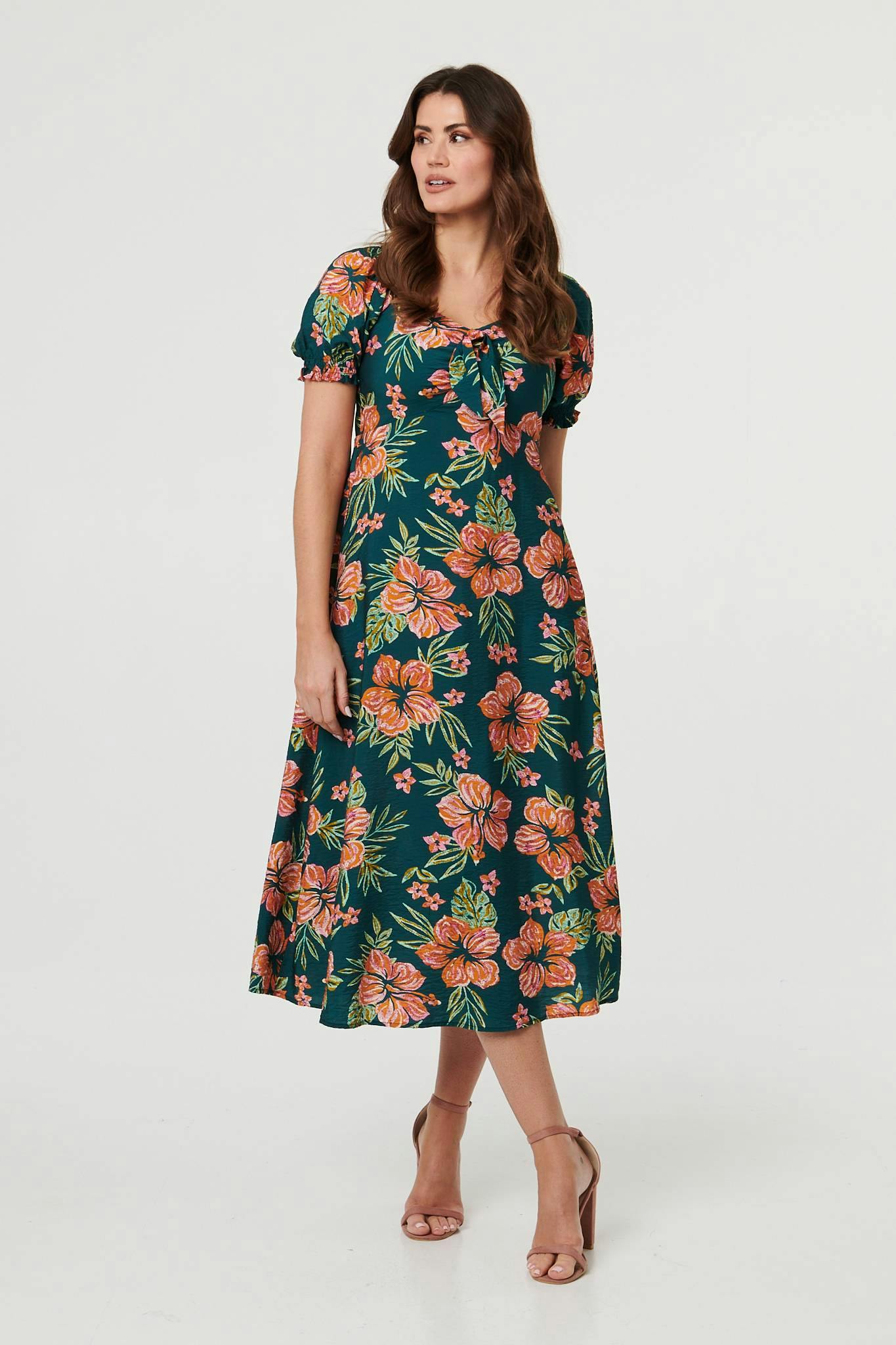 Izabel London Green Floral Tie Short Puff Sleeve Midi Dress - S