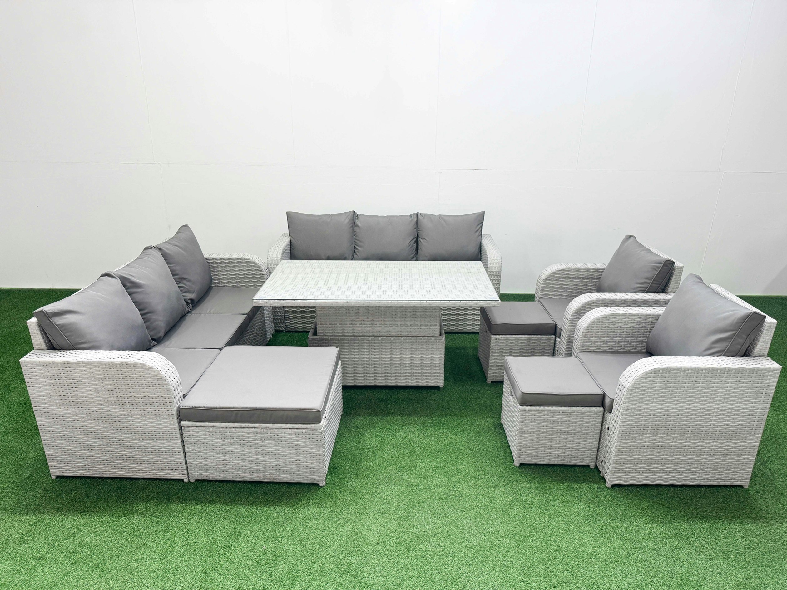 Fimous Light/Grey Pe Rattan High Back Lounge Set - Adjustable Lifting Dining/Coffee Table, 3-Seater Sofa, Reclining Chair & 3 Stools