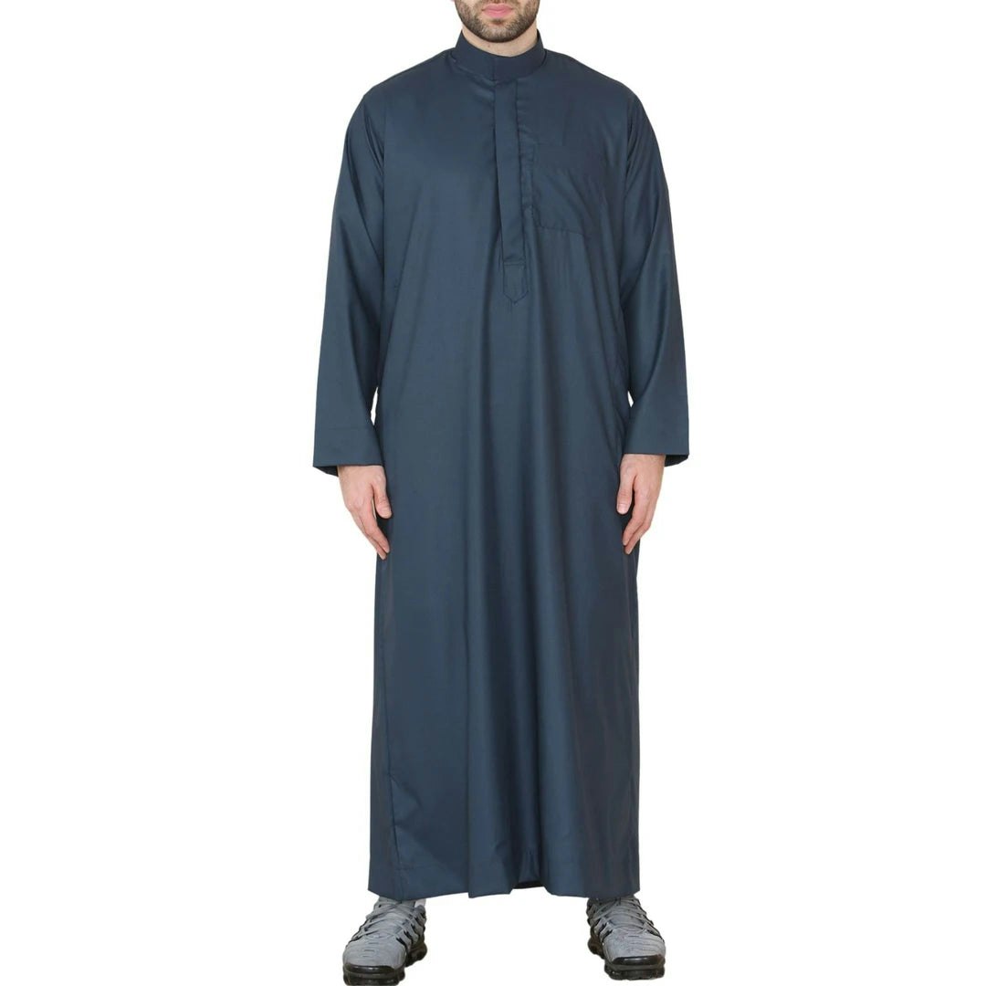 Thobez Men's Thobe Jubba Nehru Stand Collar Islamic Clothing Muslim Kaftan Eid Robe Saudi - Small - Navy - Regular