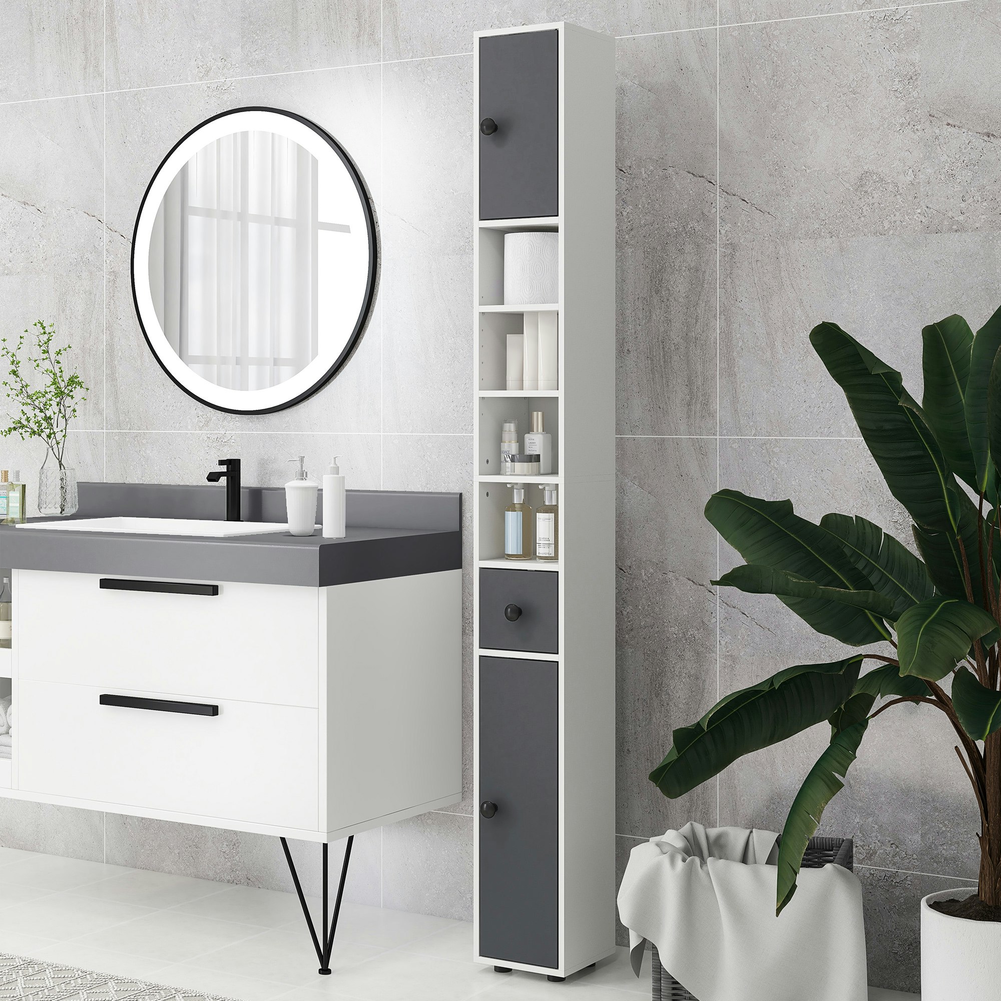 Rackhams Grey Slim Bathroom Cabinet, Toilet Roll Storage W/ Open Shelves,