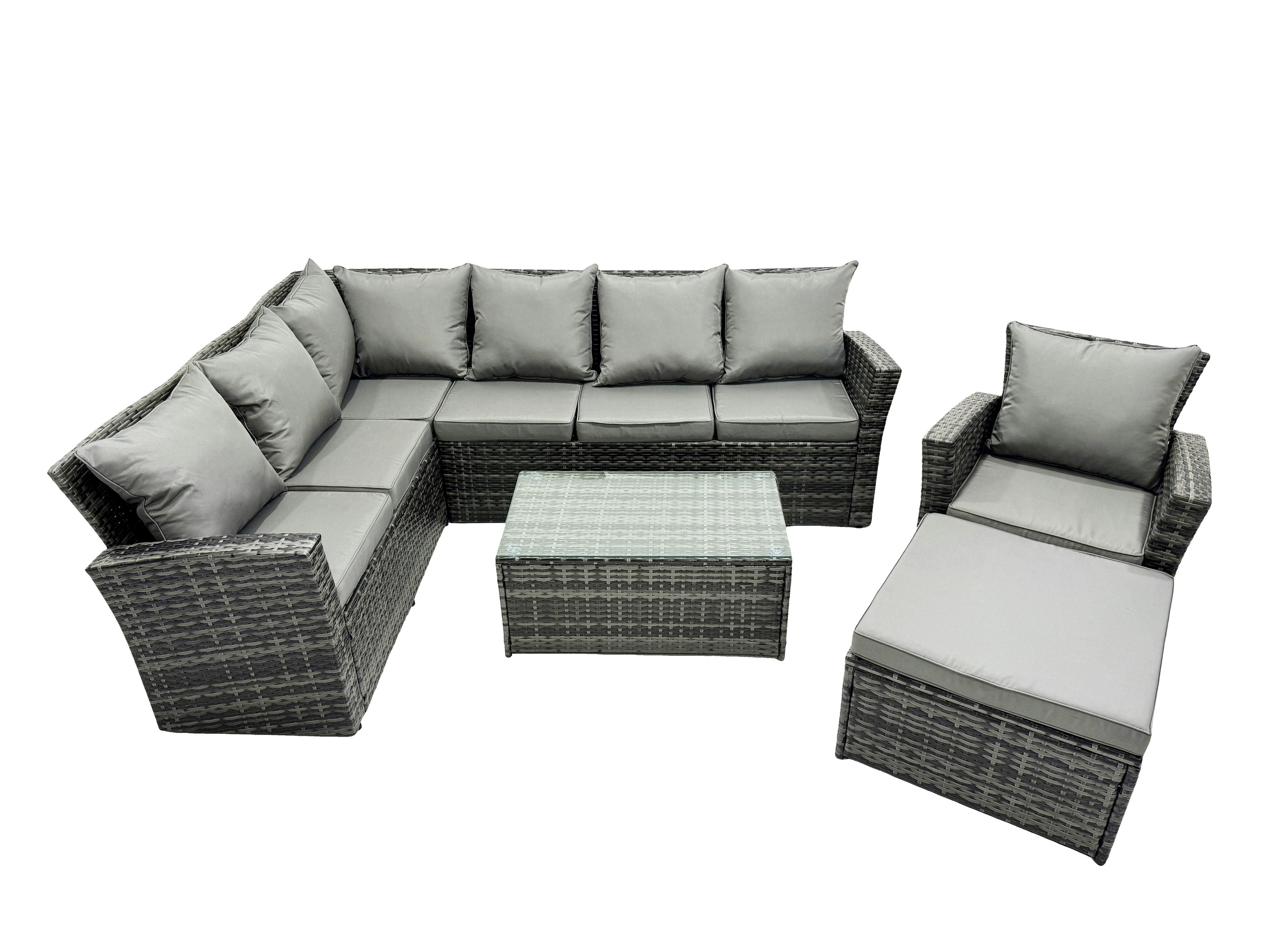 Rackhams Dark/Grey 8 Seater High Back Rattan Garden Furniture Set Corner Sofa With Oblong Coffee Table Big Footstool