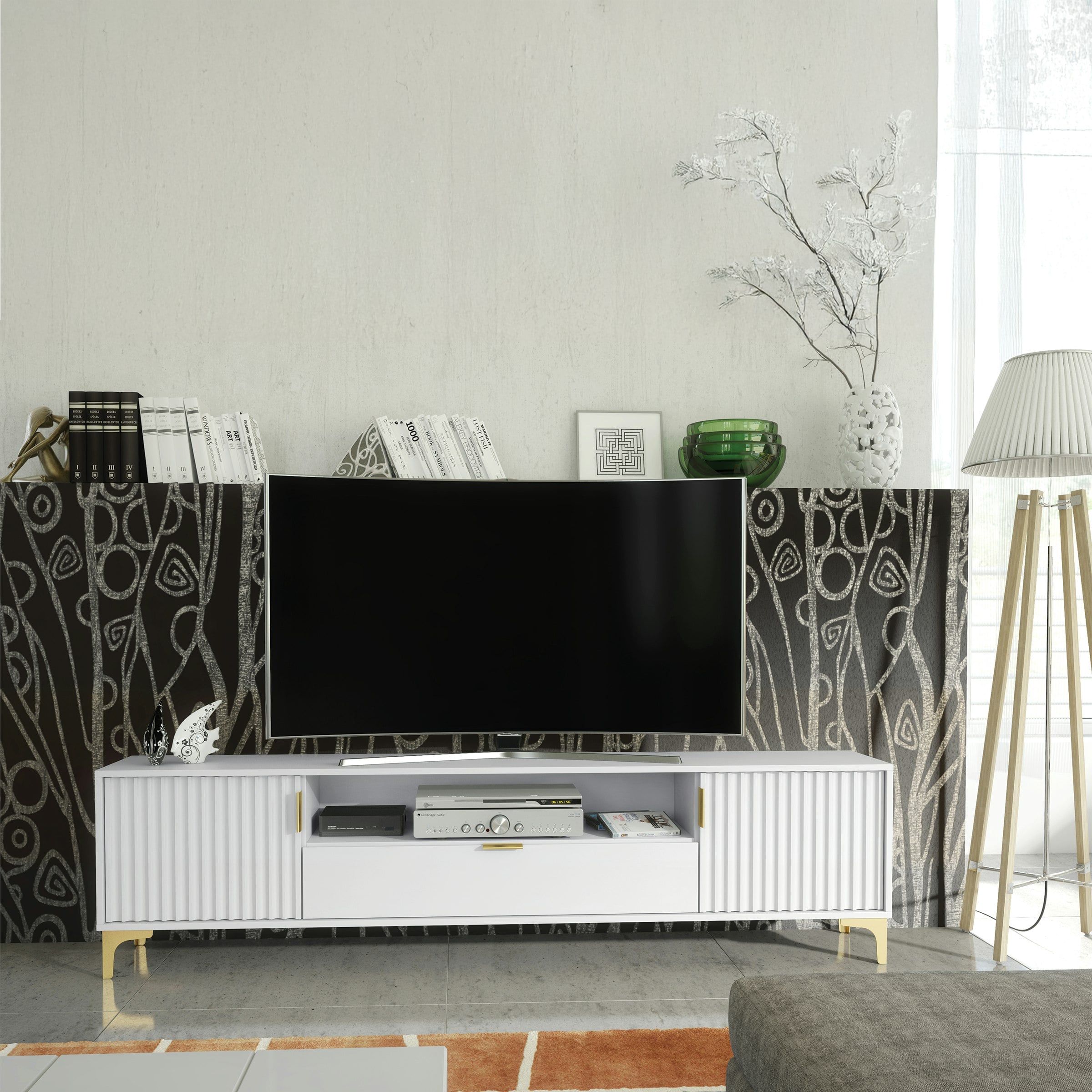 Mex Furniture White/Gold Luxurious Tv Stand With Fluted Doors & Accents – 200Cm Media Console - 200Cm - 1 - Mdf/Chipboard