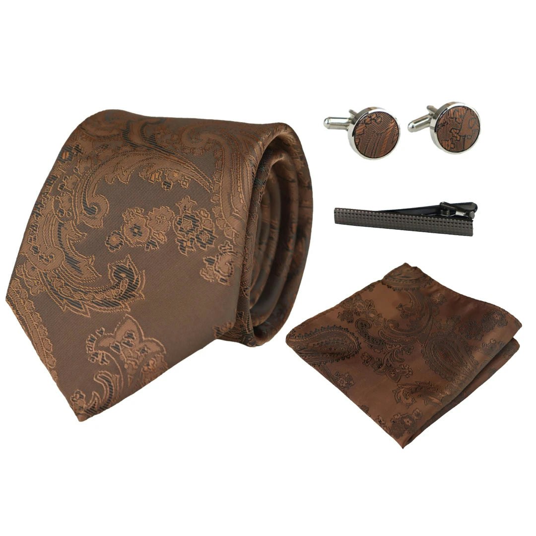 Paul Andrew Brown Paisley Neck Tie Gift Set Pocket Square Cuff Links Floral Satin