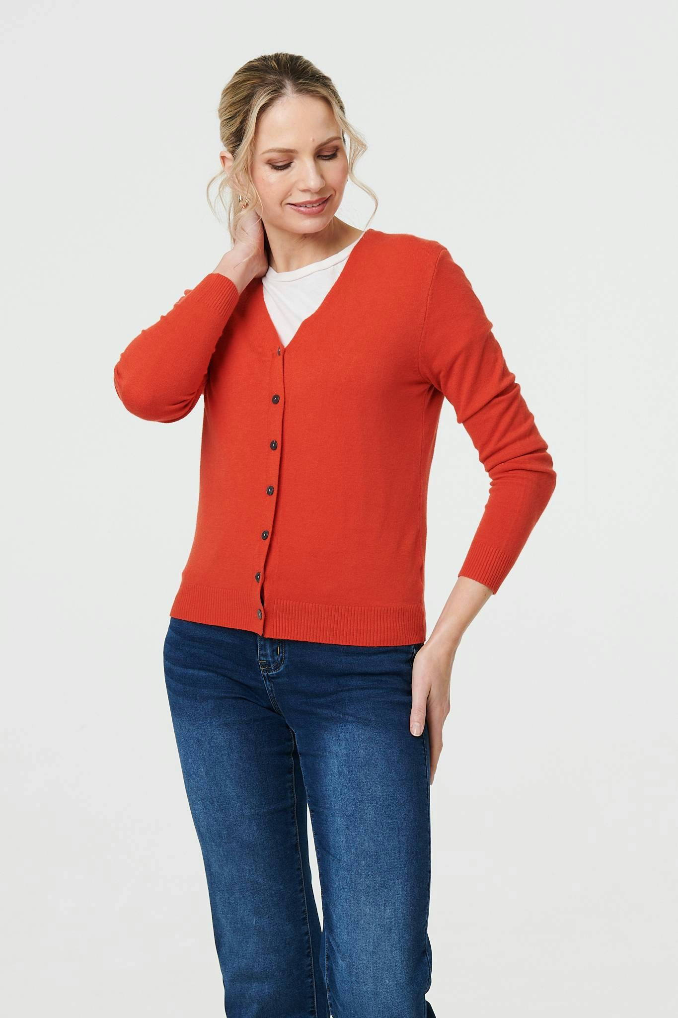 Izabel London Orange Cropped Button-Up Slim Knit Cardigan - 18