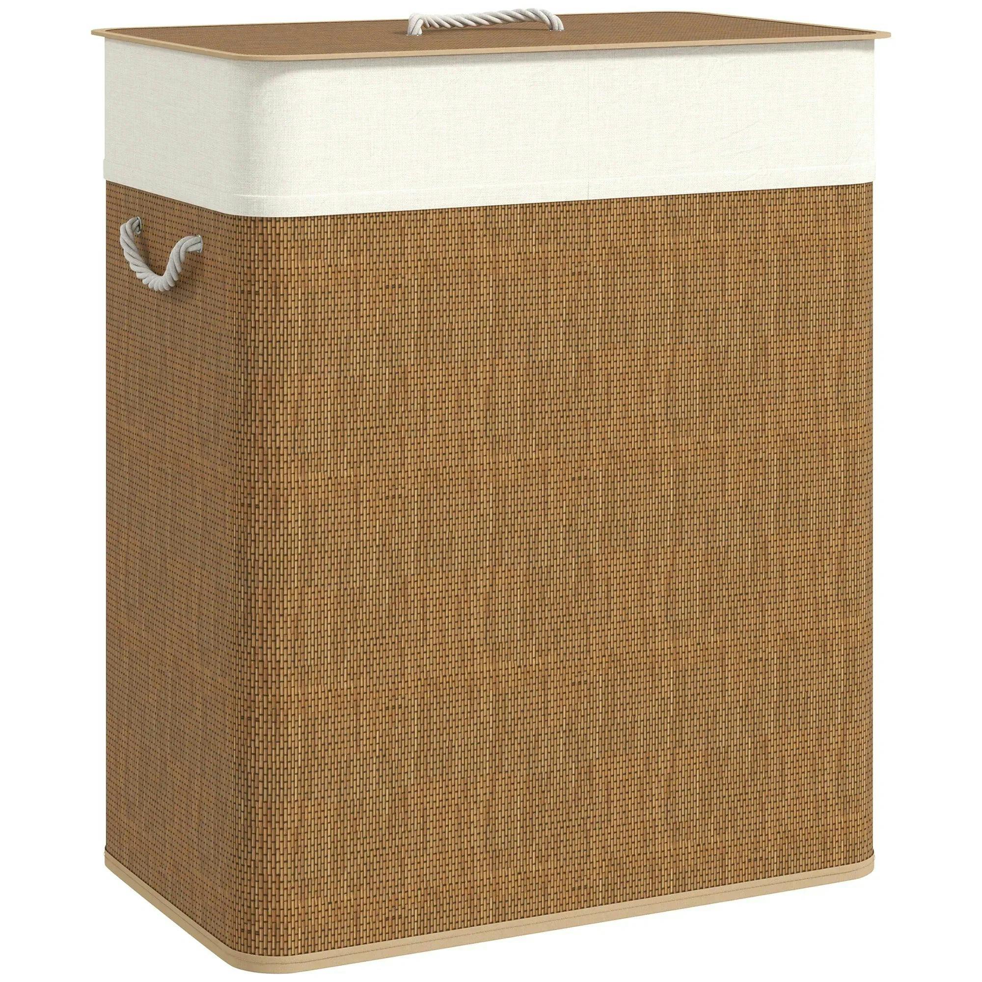 HOMCOM 100L Laundry Basket with Lid - Bamboo/Metal - Brown - Image 4