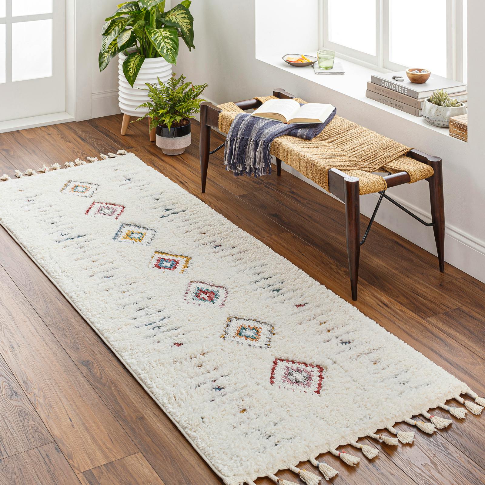 Photos - Area Rug Rackhams Lofty-Shaggy Ivory Yellow Blue Vintage Boho Plush Soft Pile Fringe Rug - 80 x 220 cm