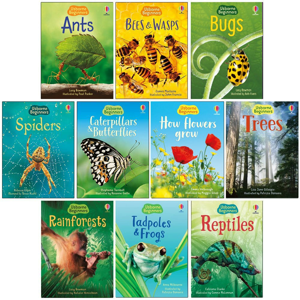 Usborne Beginners Nature Books Set - Ants Bugs Spiders Tree Reptiles Rainforests And More Size 10