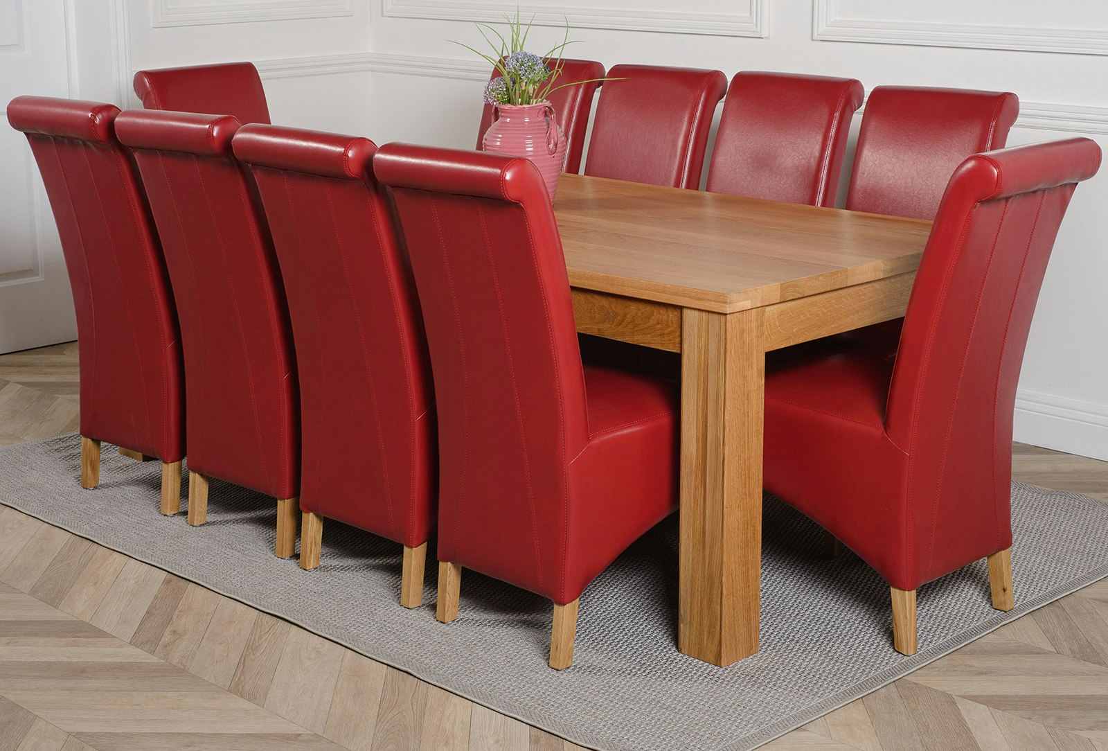 Rackhams Burgundy Dakota Extra Large Oak Dining Table With Montana Leather Chairs - 10 Chairs