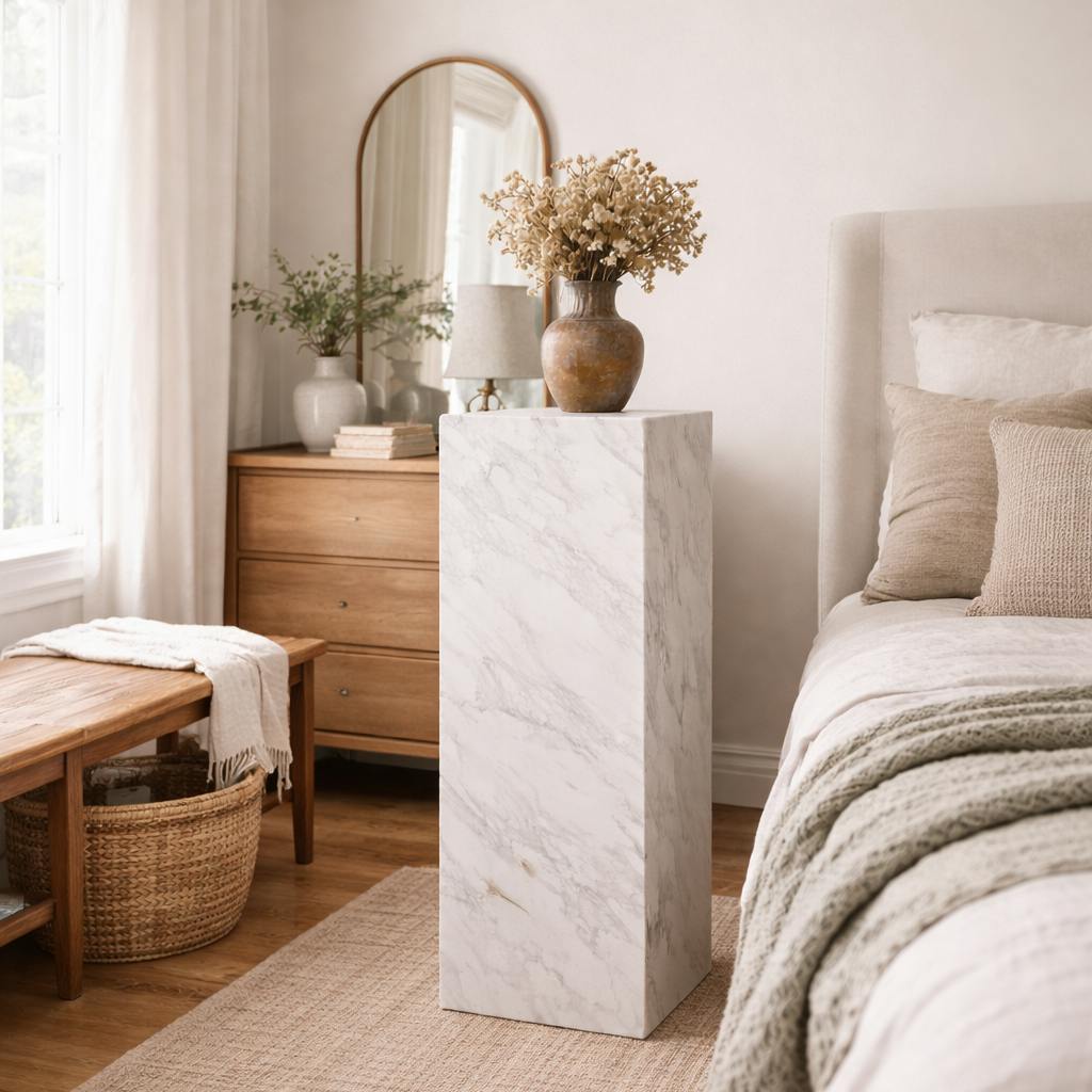 Wyld Haus White Dingle Marble Effect Large Pedestal Side Table