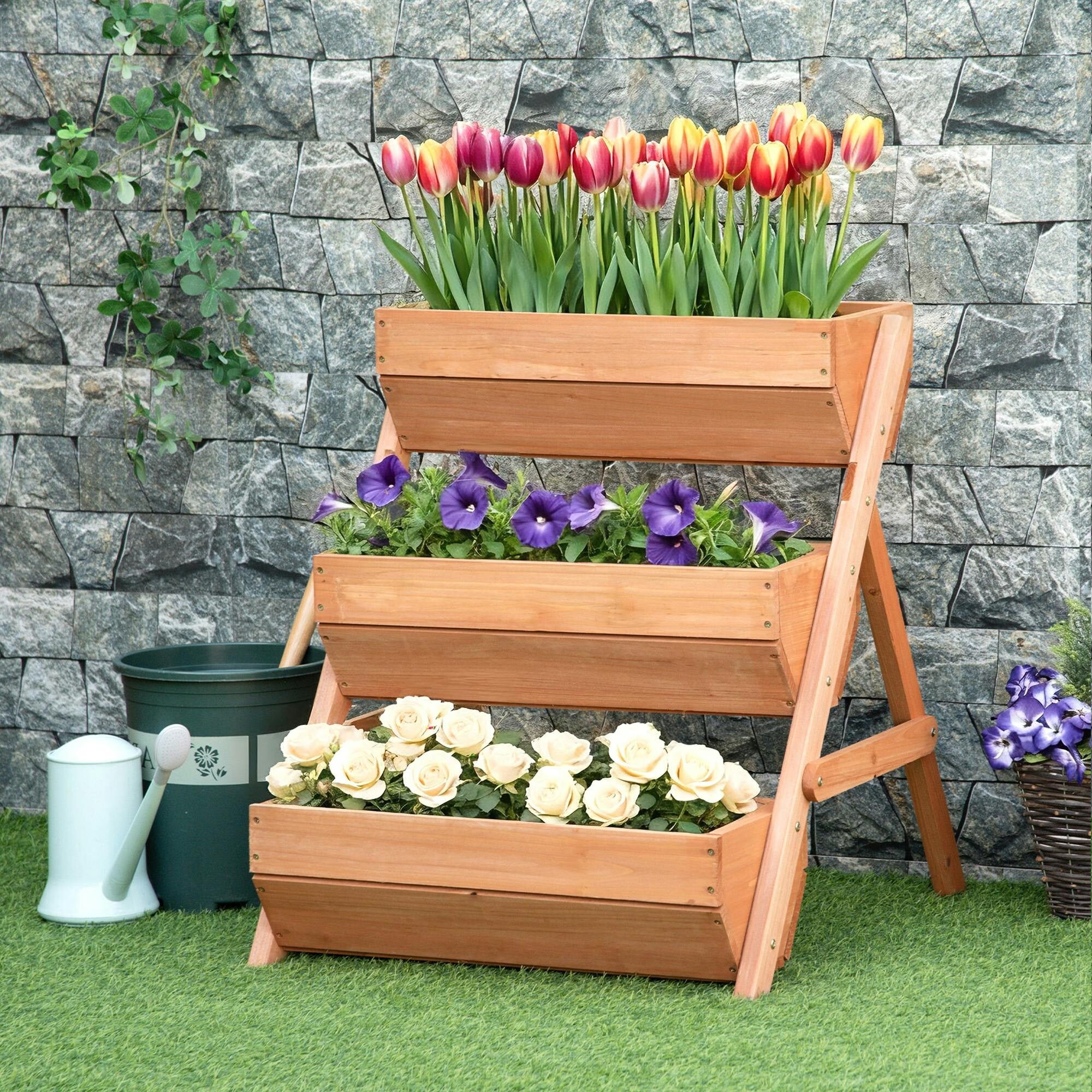 Outsunny Raised Garden Bed, 3 Tier Planter Box Kit, 65 x 75 x 76cm, Brown | 66L Capacity, Wooden Elevated Design, for Flower Vegetable Herb, Outdoor Veg Planters - Image 4