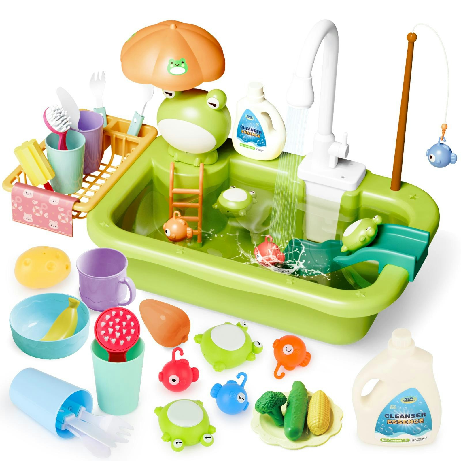 Deao Toys Kitchen Toy Set Simulated Kitchen Frog Duck Sink With Water Supply Function, Simulated Dishwashing Set