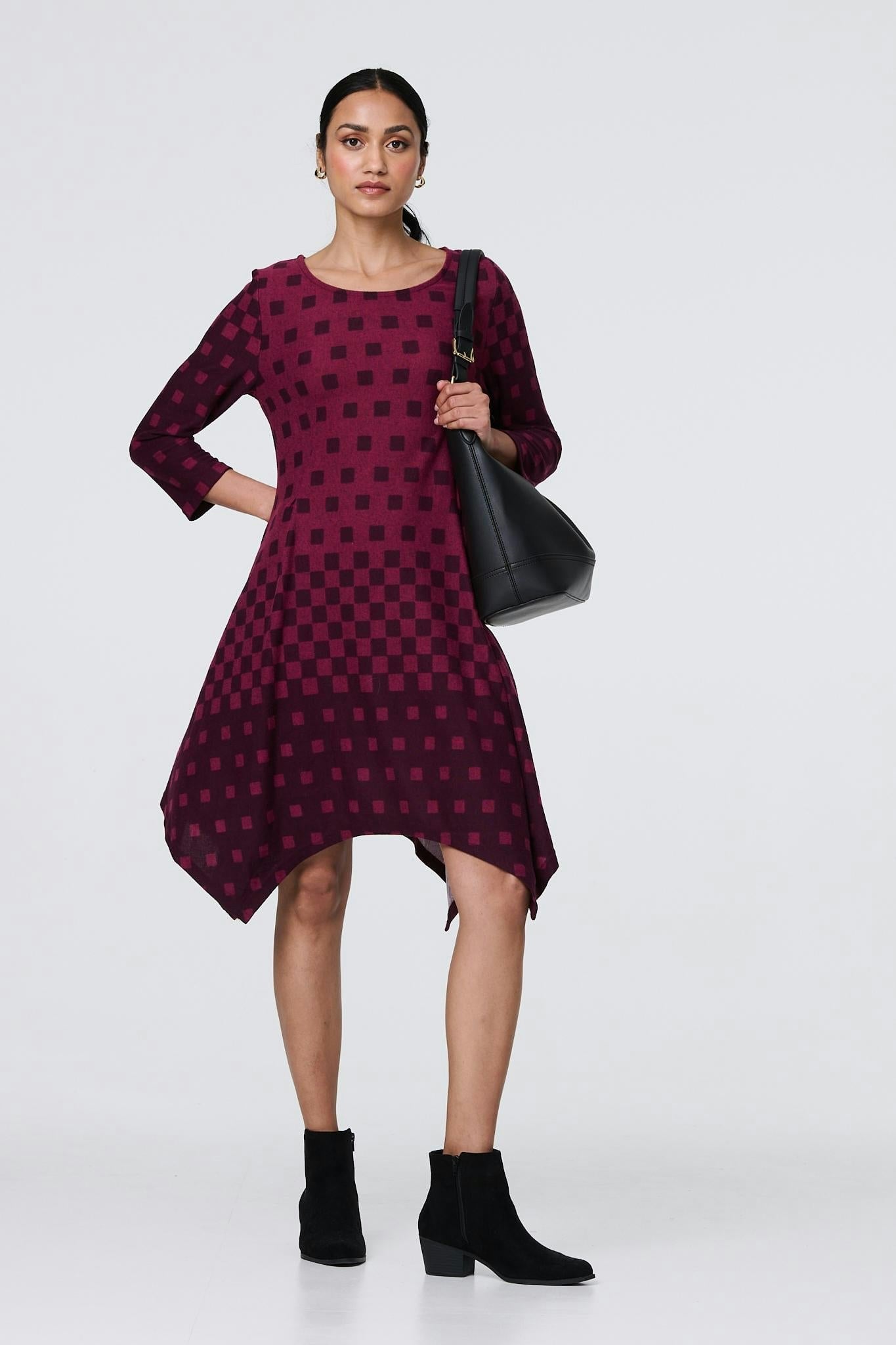 Izabel London Purple Geo Print Hanky Hem 3/4 Sleeve Tunic Dress - 8