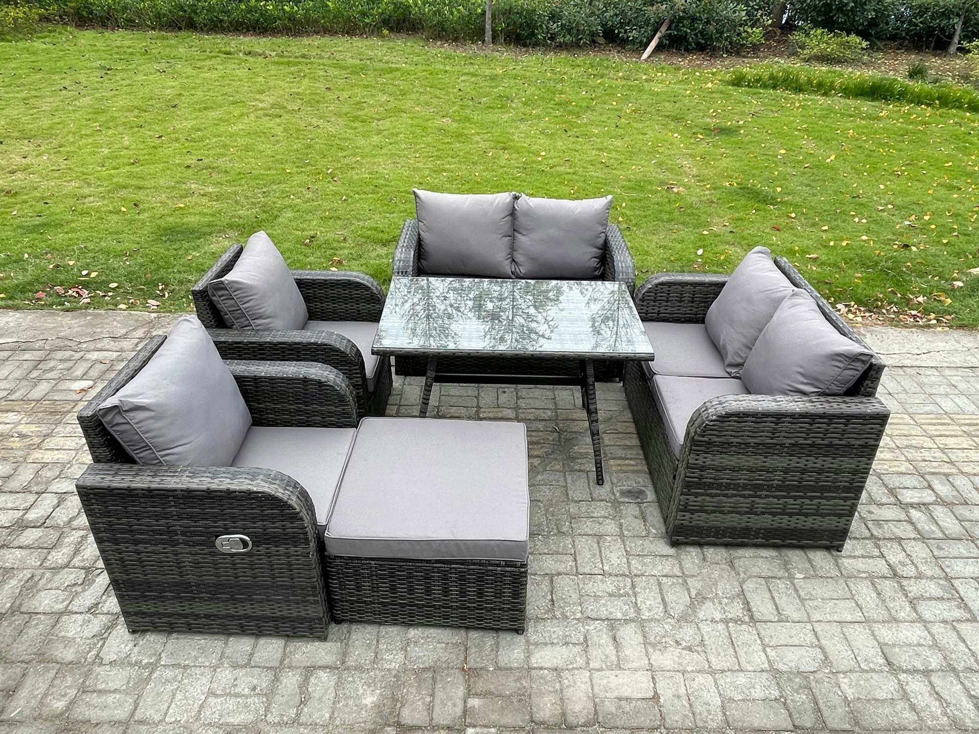 Fimous Dark/Grey Wicker Pe Rattan Garden Dining Set Outdoor Furniture Sofa With Rectangular Dining Table Big Footstool Mixed