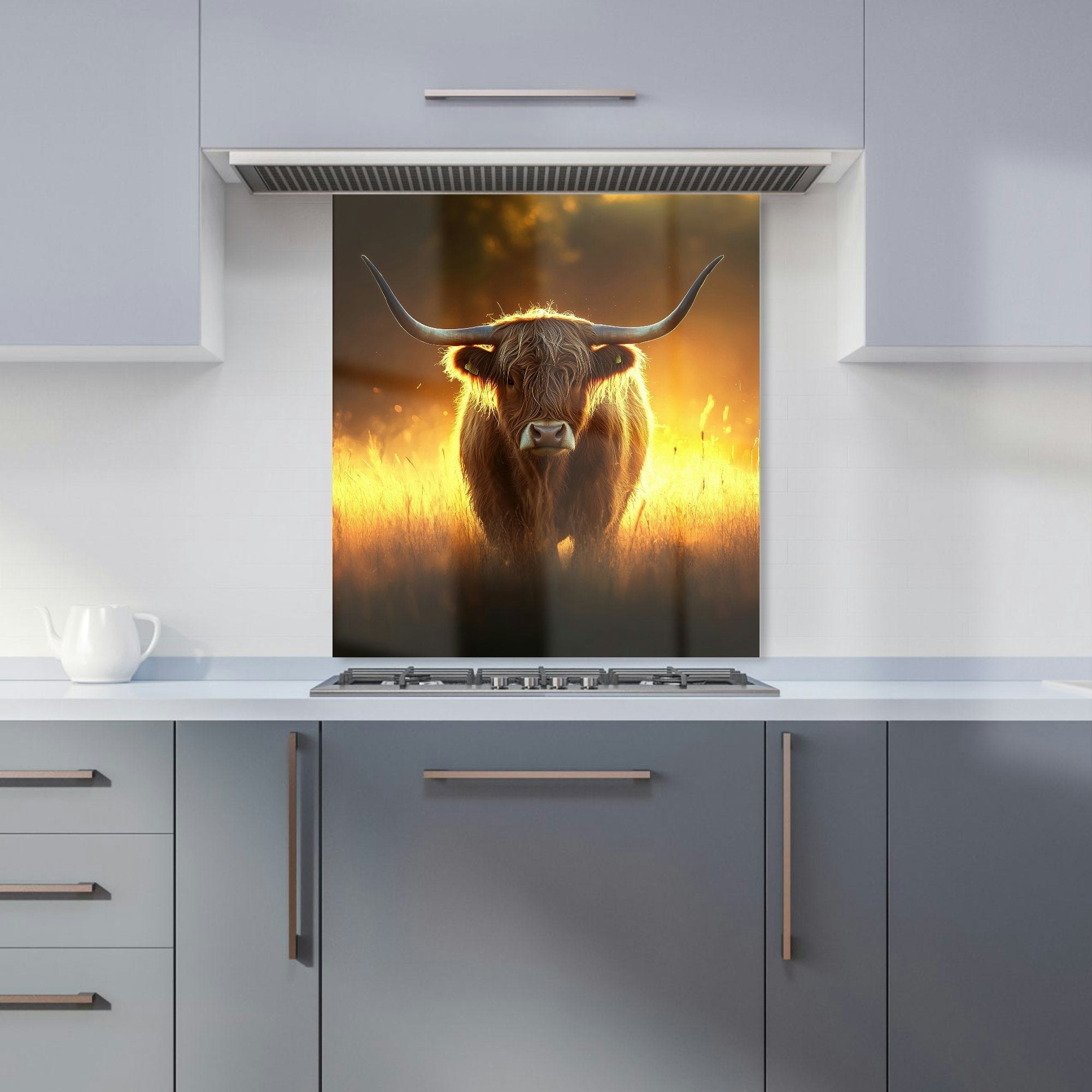 Rackhams Amber/Golden/Light - Designer Highland Cow Sunset Kitchen Splashback - W600mm X H650mm