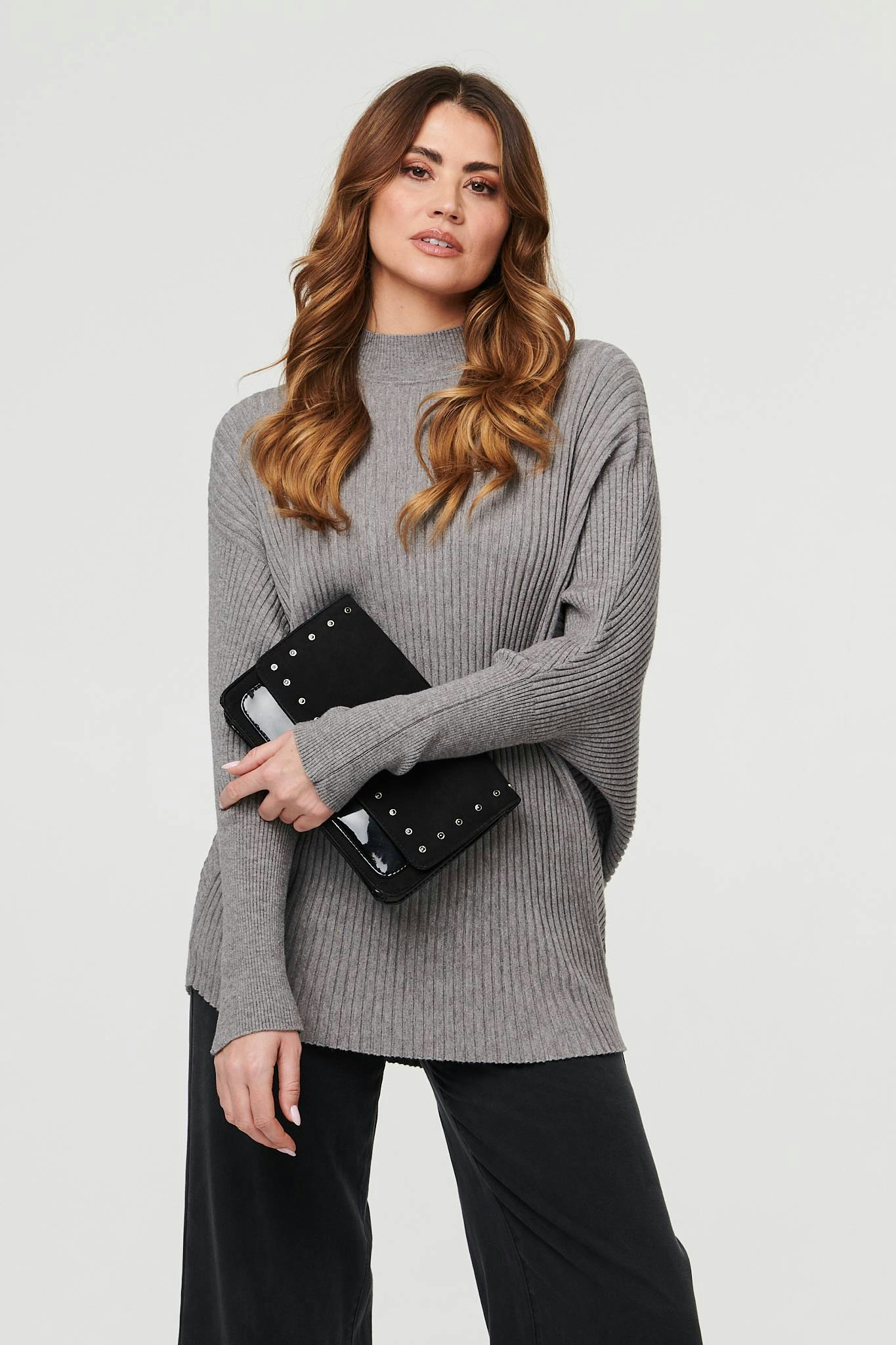 Izabel London Grey Striped Texture Batwing Sleeve Jumper - S/M