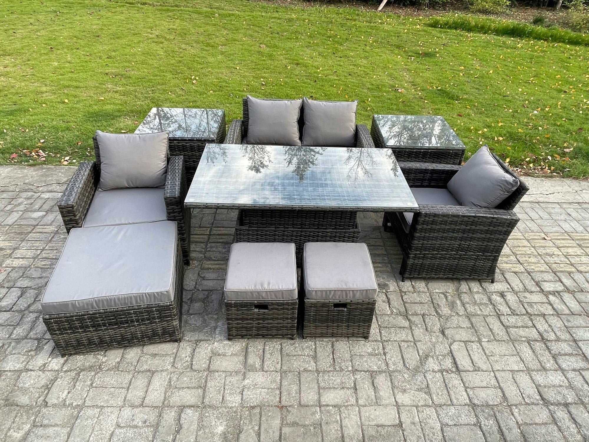 Fimous Dark/Grey High Back Rattan Garden Furniture Sofa Sets With Height Adjustable Rising Lifting Table 2 Side Tables 3 Footstools Mixed