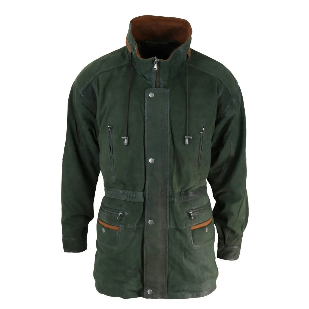 Infinity Leather Men's Green Leather Company Suede Safari Jacket Hunting Duffle Parka Leather Coat - 4XL