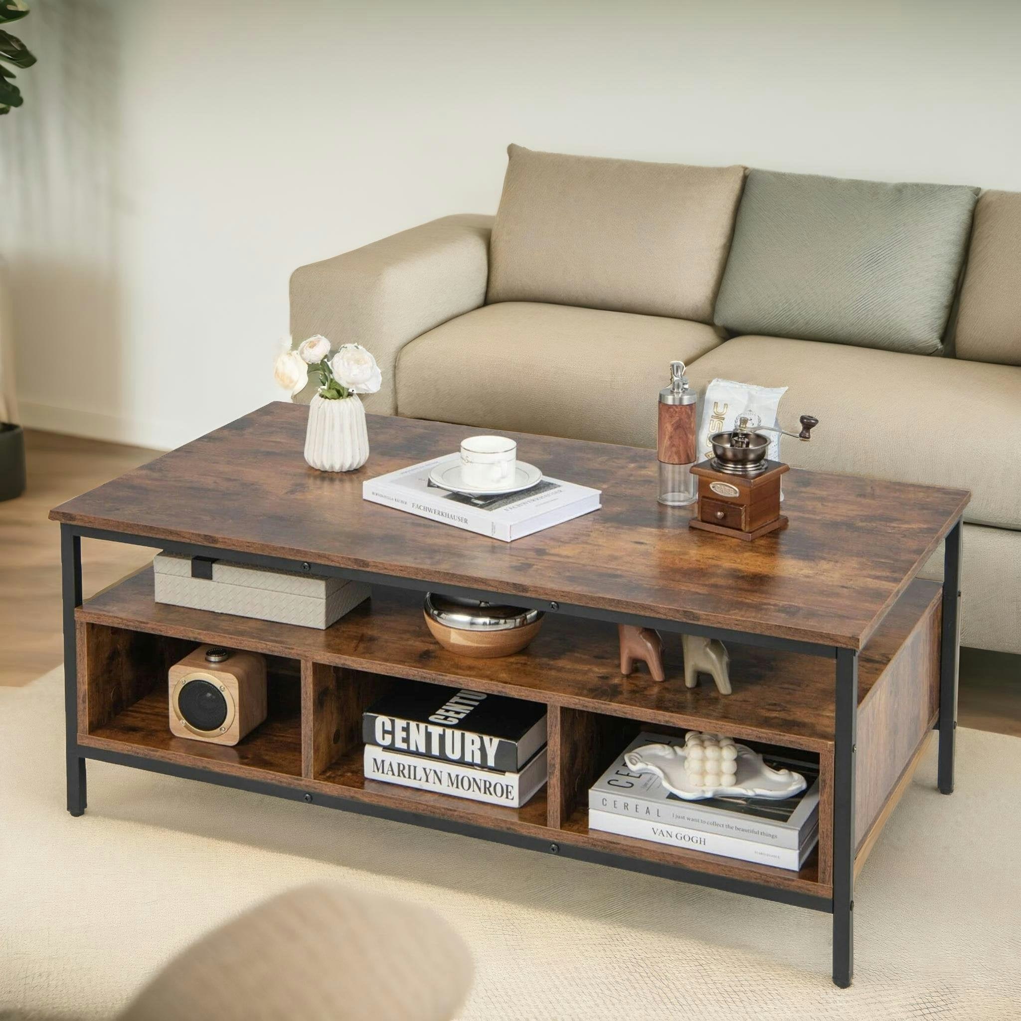 Rackhams Grain Industrial Wooden Coffee Table With Storage Shelves
