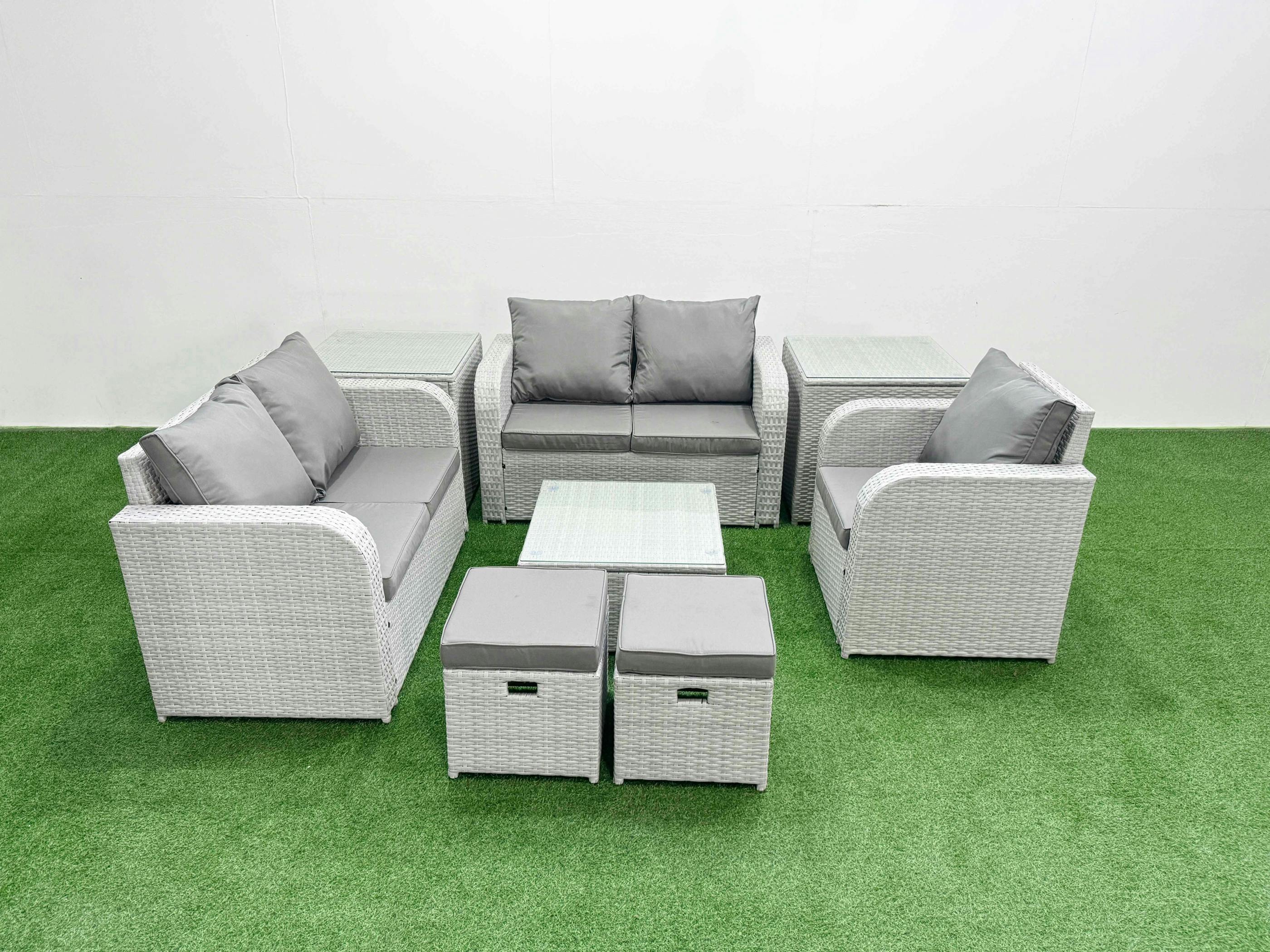 Rackhams Light/Grey 2 Stool Patio Set, High Back Poly Rattan, Reclining Loveseat Sofa, Square Coffee Table, Indoor Outdoor And 2 Side Tables,